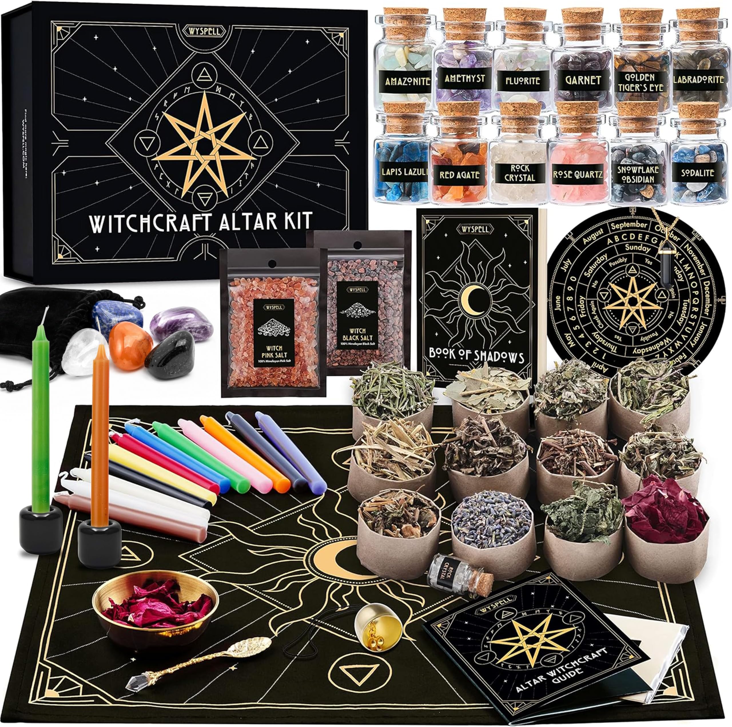 Wyspell Large Witchcraft Kit - 77 PCS - Altar Spell Set - Witchy Gifts | Wiccan Supplies: Spell Candles, Dried Herbs, Crystals, Stones, Altar Cloth, Pendulum, Bowl & Spoon, Parchment - Beginners Kit