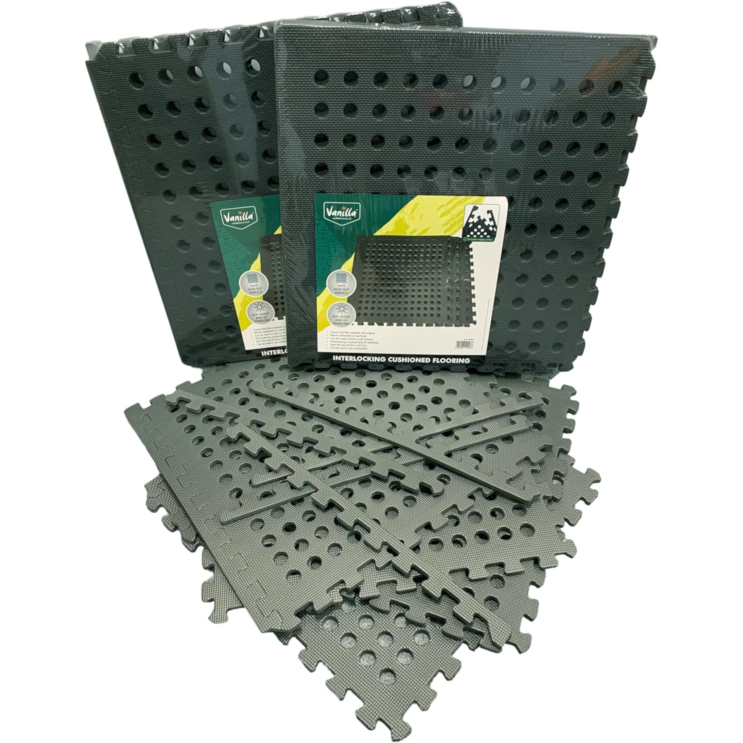 Vanilla Leisure Interlocking Floor Mats - 8 Pack - 1 Tile 62.5cm x 62.5cm - Padded Garage, Garden, Home & Gym Floor Mats - 10mm Thick Large Foam Floor Tiles - 8 Foam Mats Together 1.25m x 1.25m