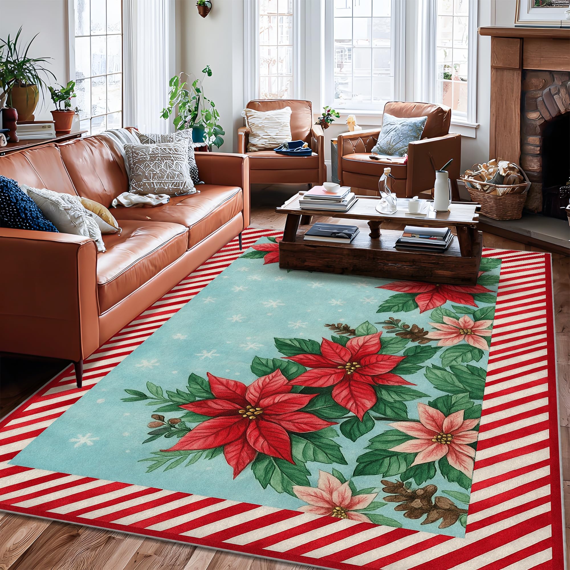 Tapis rectangulaire de Noël Poinsettia rouge antidérapant grand format 1,8x2,7m pour salon