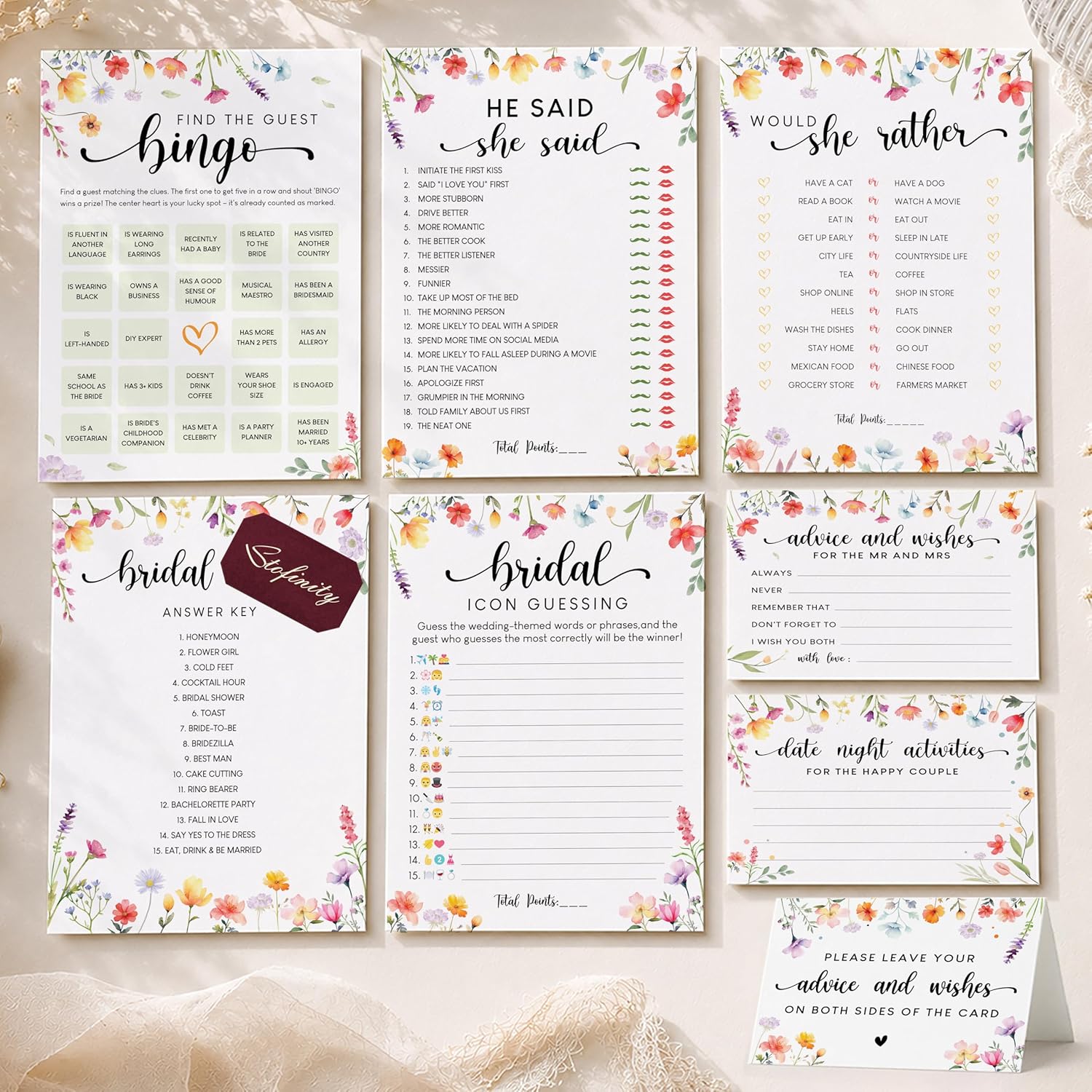 STOFINITY Wildflower Bridal Shower Games 50 Guests - Wedding Advice and Wishes for The Mr and Mrs, Find The Guest Bingo Bridal Shower Decorations, Funny He Said She Said Would You Rather Game Ideas