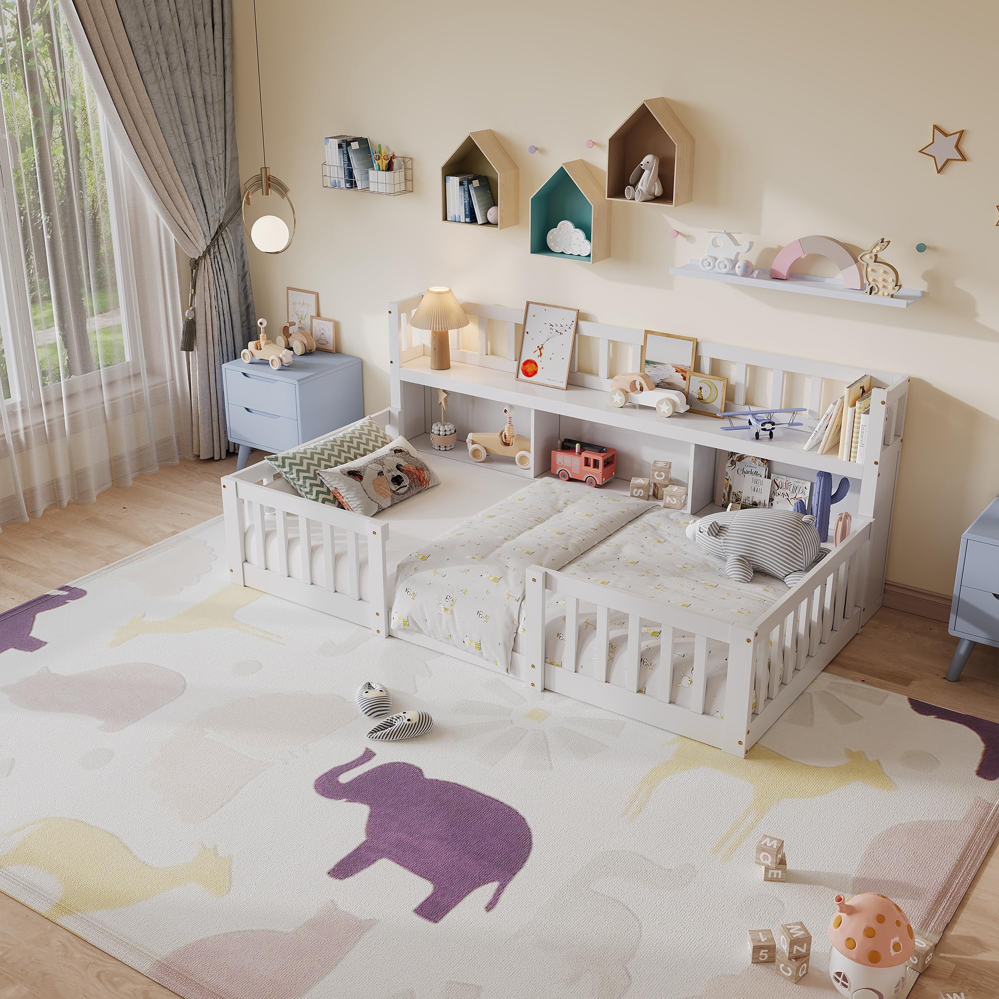Cama infantil de 90 x 200 cm con escritorio, cama Montessori con protección anticaída y somier, estantería, cama de suelo, cama de madera maciza, marco de cama, color blanco (sin colchón)