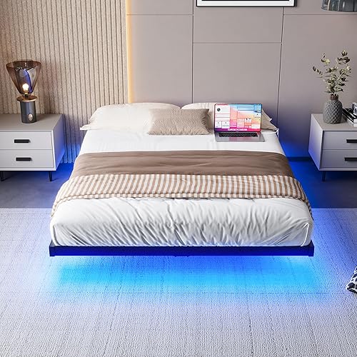 Miniatura 3 de BOFENG Base de cama flotante de tamaño matrimonial con luces LED y estación de carga, plataforma de metal resistente, marco de cama de tamaño