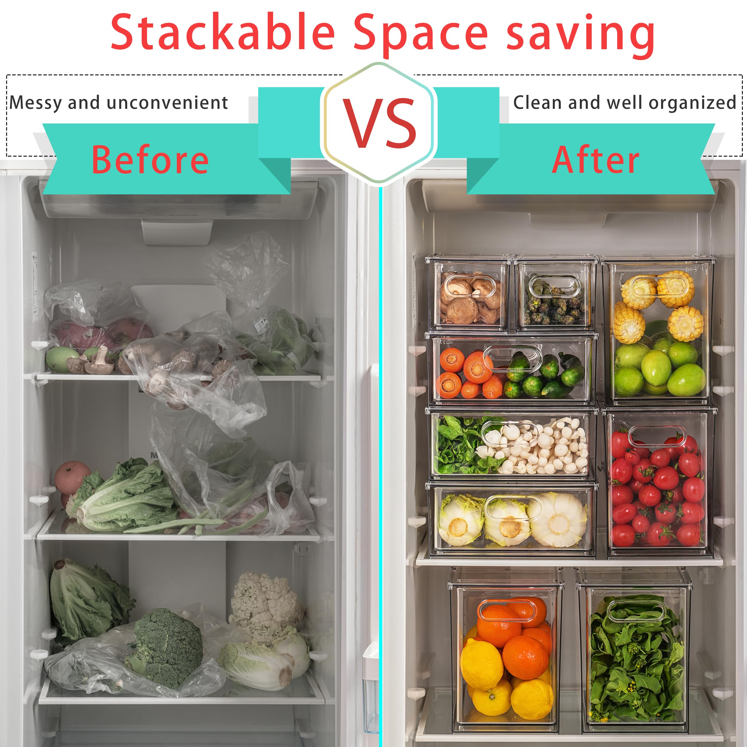 Organizer trasparente per frigorifero cassetti estraibili per armadio da cucina Organizzazione impilabile Frigorifero Organizzatore Bidoni con maniglia Diviso Produce Saver Container per frutta