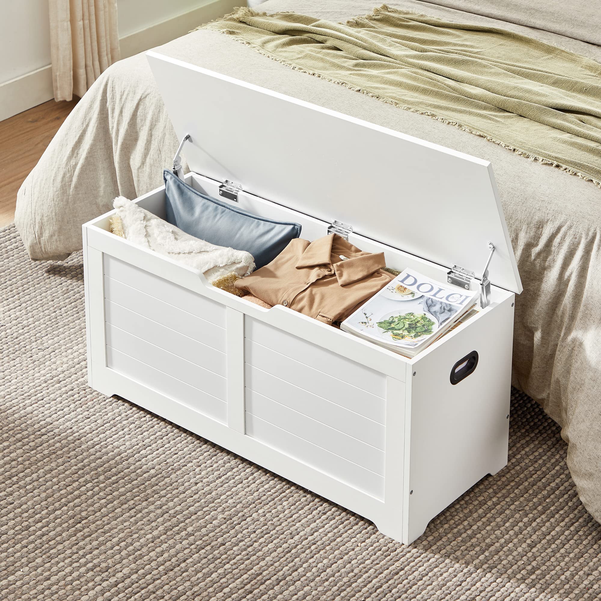 VASAGLE Coffre de Rangement, Banc à Chaussures, avec 2 Charnières de Sécurité, Imitation Grange, 40 x 100 x 46 cm, pour Entrée, Couloir, Chambre, Salon, Blanc Nuage LSB061T10