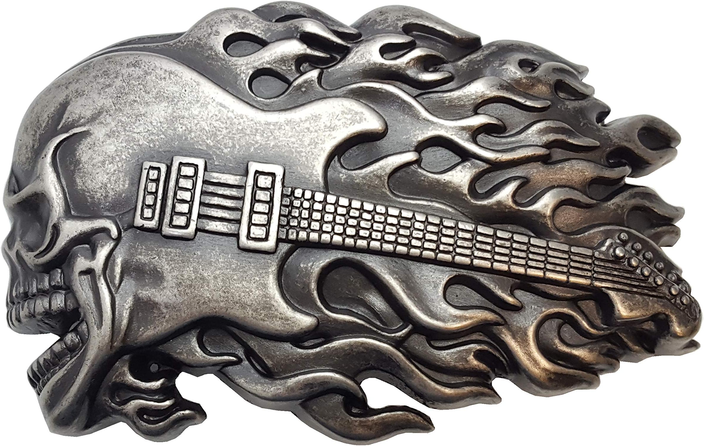 Guitar Flame Skull Belt Buckle