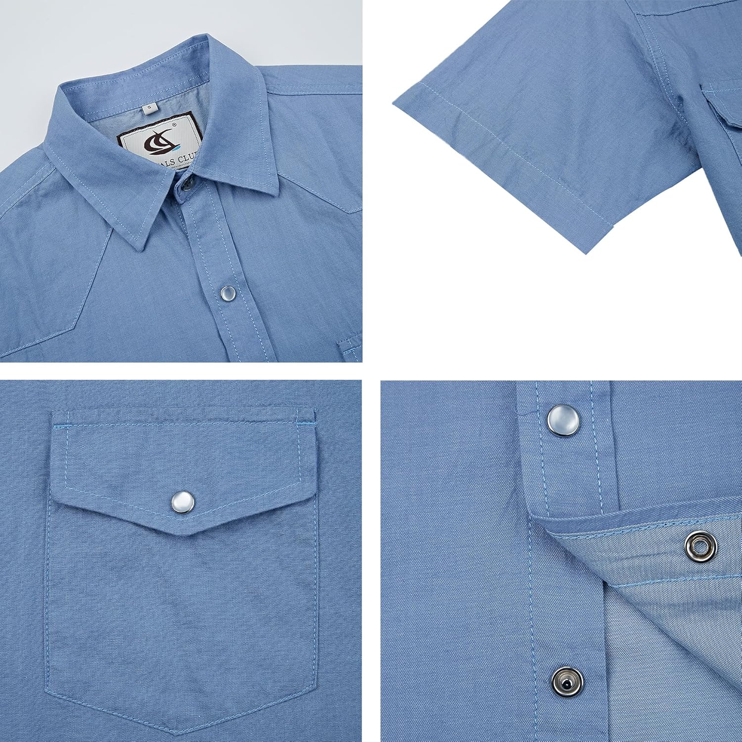 Pearl snap Men's Denim Shirts Short Sleeve Western Cowboy Button up Solid Work Cotton Shirts - Image 3