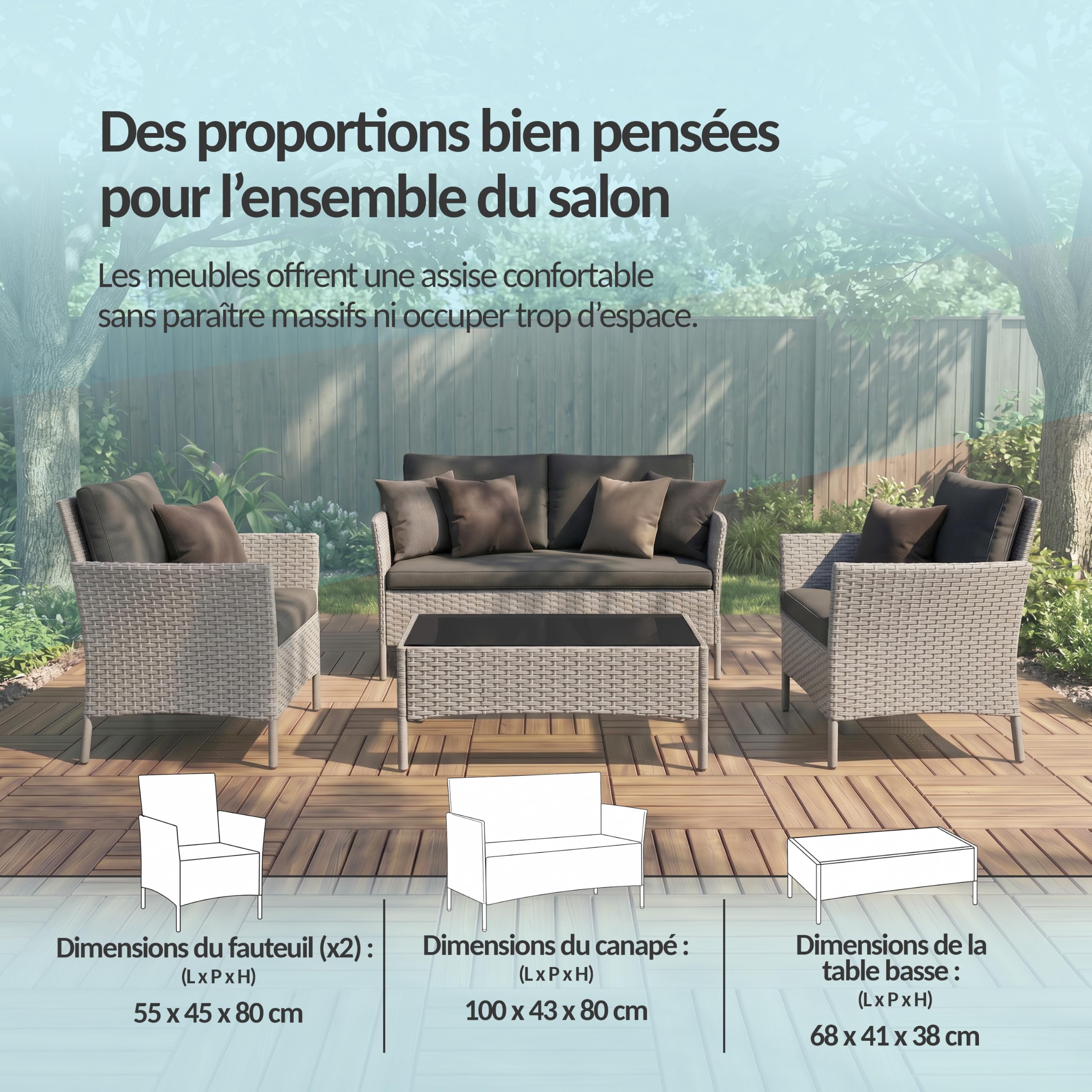 POKAR Salon de Jardin Rotin Gris avec Coussins Assise et Dossier Beige