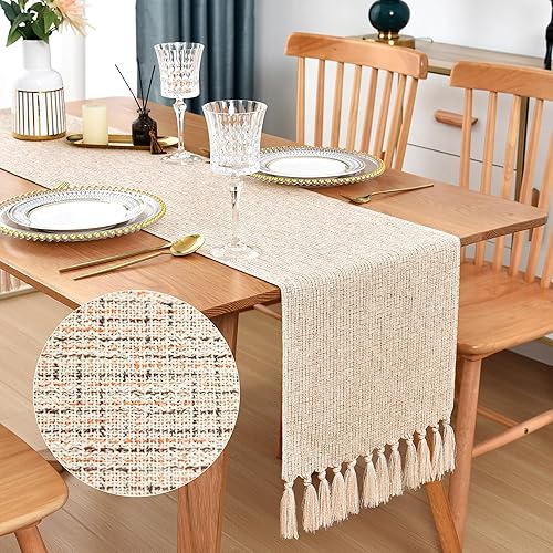 Camino de mesa rústico con borlas hechas a mano, estilo bohemio, granja, color beige, 72 pulgadas de largo, arpillera de lino, tejido, mesa