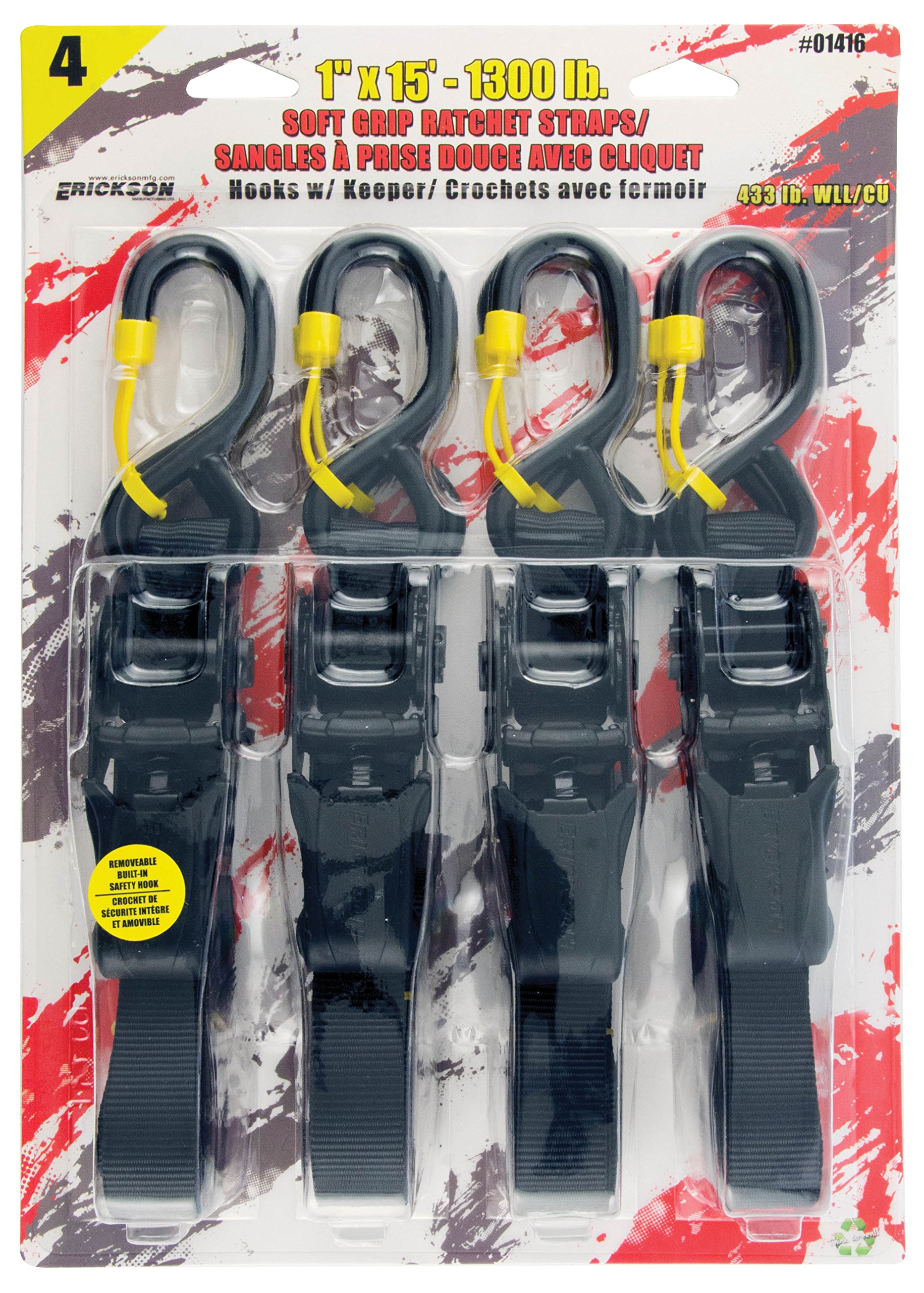 Erickson 01416 Soft Grip Ratcheting Tie Down Strap with Cap Locks, 4 Pack (1