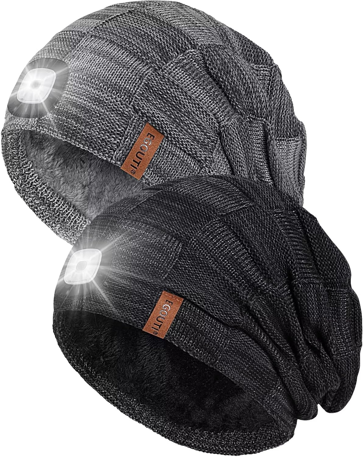 Beanie with Light Built in 2 Pack, Winter Slouchy LED Hat for Men Warm Fleece Lined, Headlamp Caps Flashlight Hats with USB Rechargeable, Gifts for Men Dad Husband-01