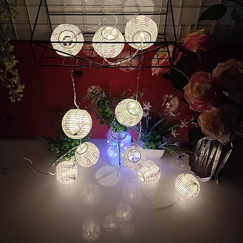 Miniatura 6 de JYWJ Sakura - Farol de papel pequeño chinojaponés de color blanco (cereza), cadena de luz LED de 3 pulgadas de diámetro, 78.7 pulgadas, 2 pilas AA y