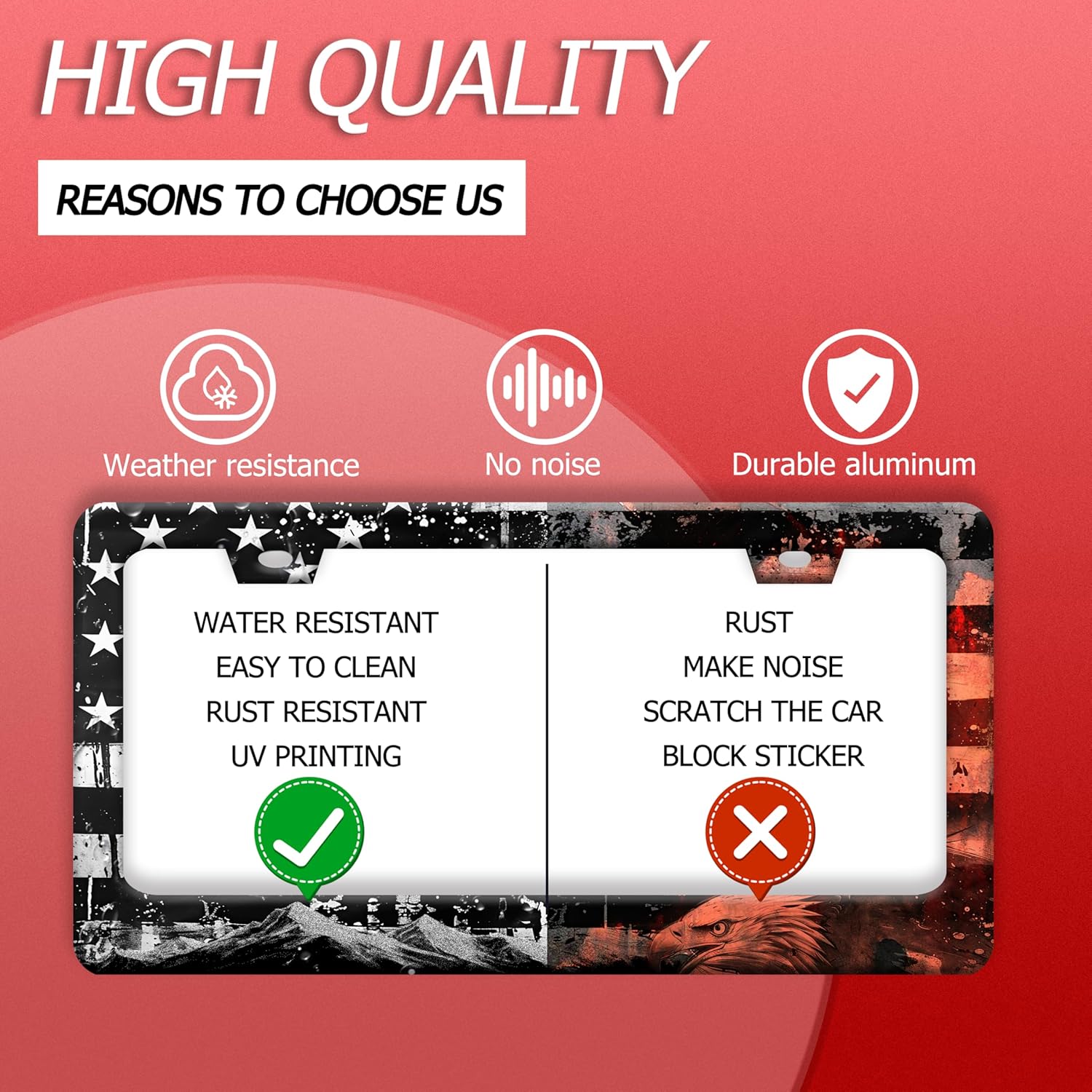 【2pcs】 American Flag Eagle Mountains License Plate Frame Funny License Plate Holder Stainless Steel Accessories Cars Decor with 2 Holes Fits Standard Us Ca Vehicles License Plate Frames 12.2 X 6 Inch