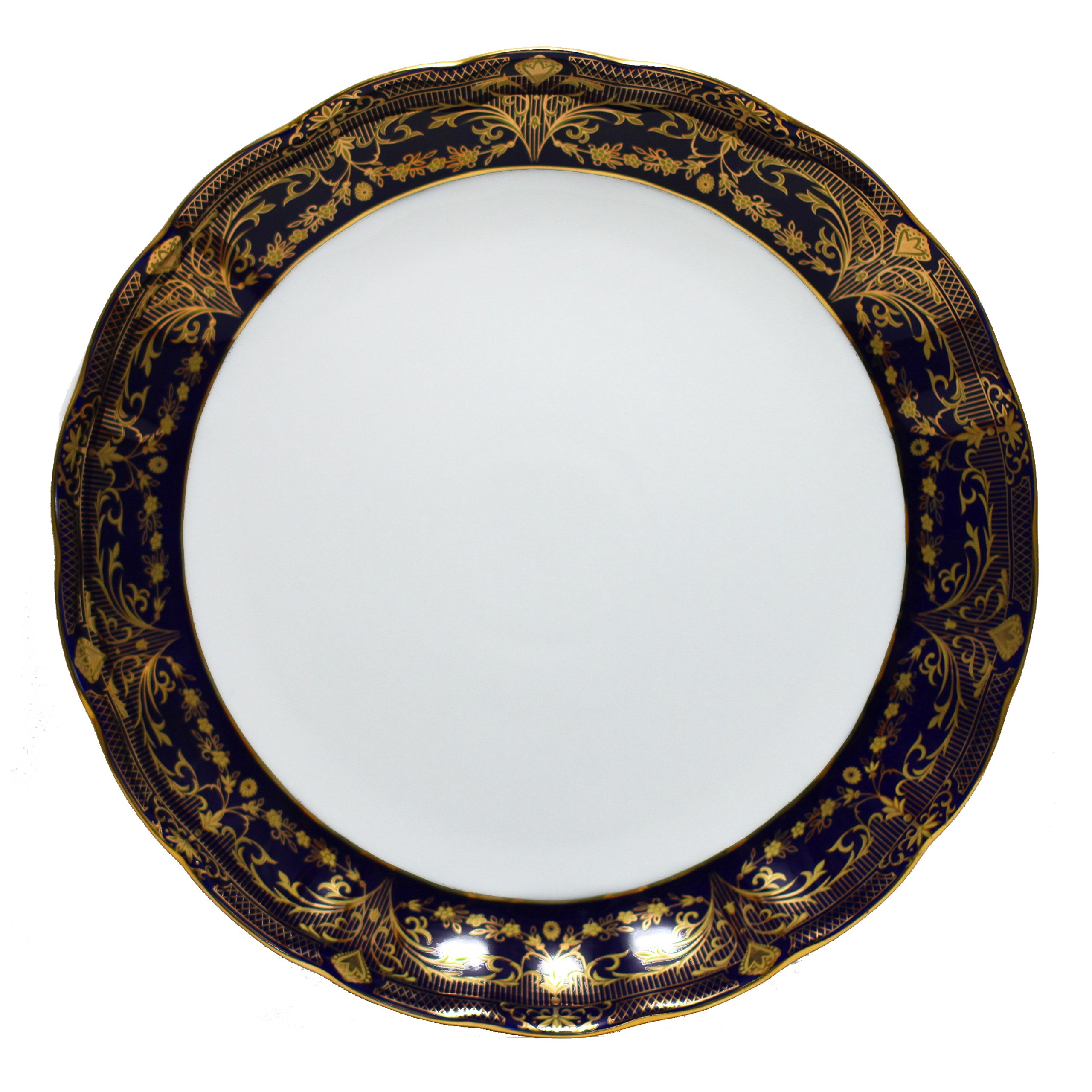 Euro Porcelain Dark Cobalt Blue Serving Platter Fruit Plate, 24K Gold-Plated Vintage Floral Pattern Dinnerware for Cheese Cookies Muffins Brownies (12" round)