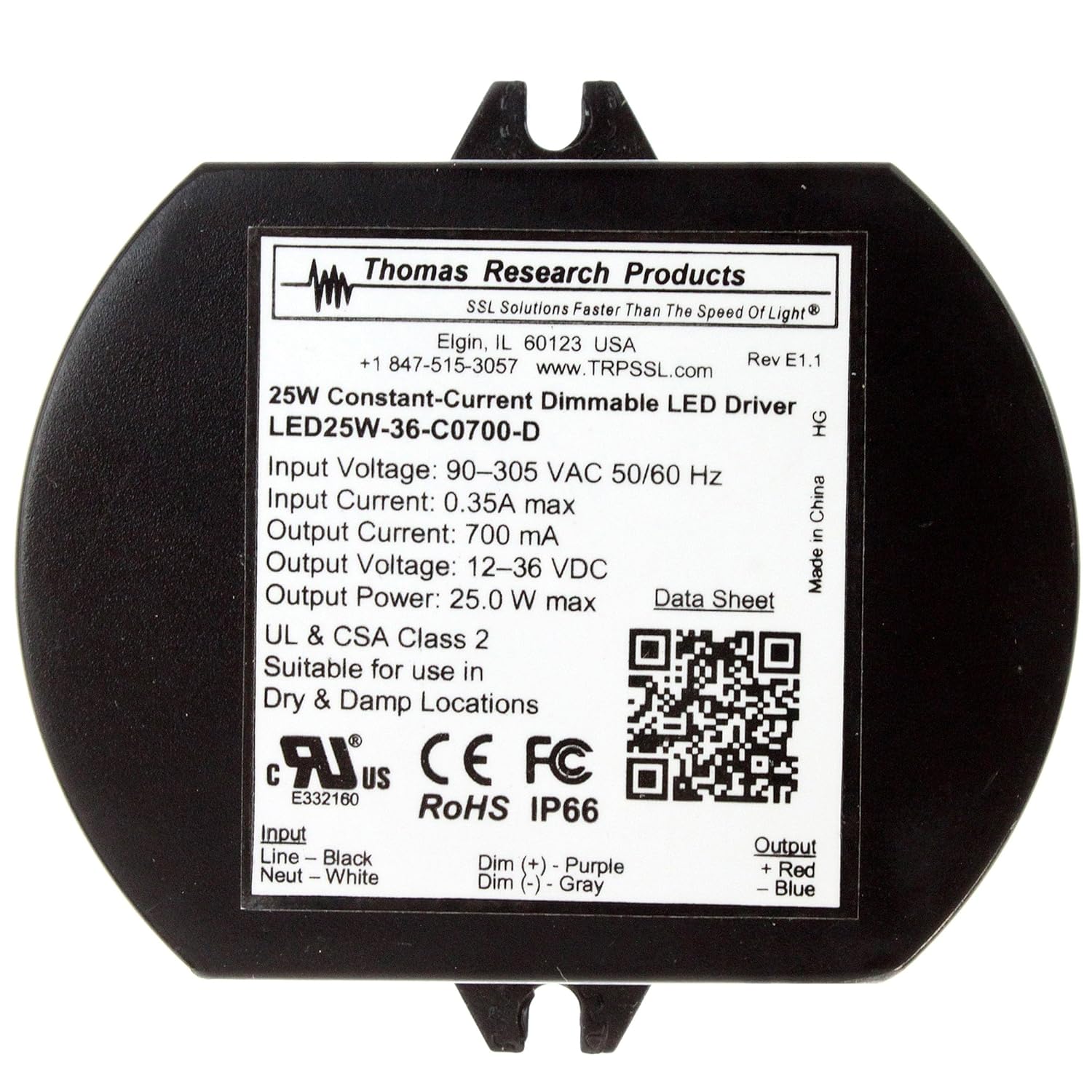 Thomas LED25W36C0700D Constant Current Dimmable LED Driver, 700mA