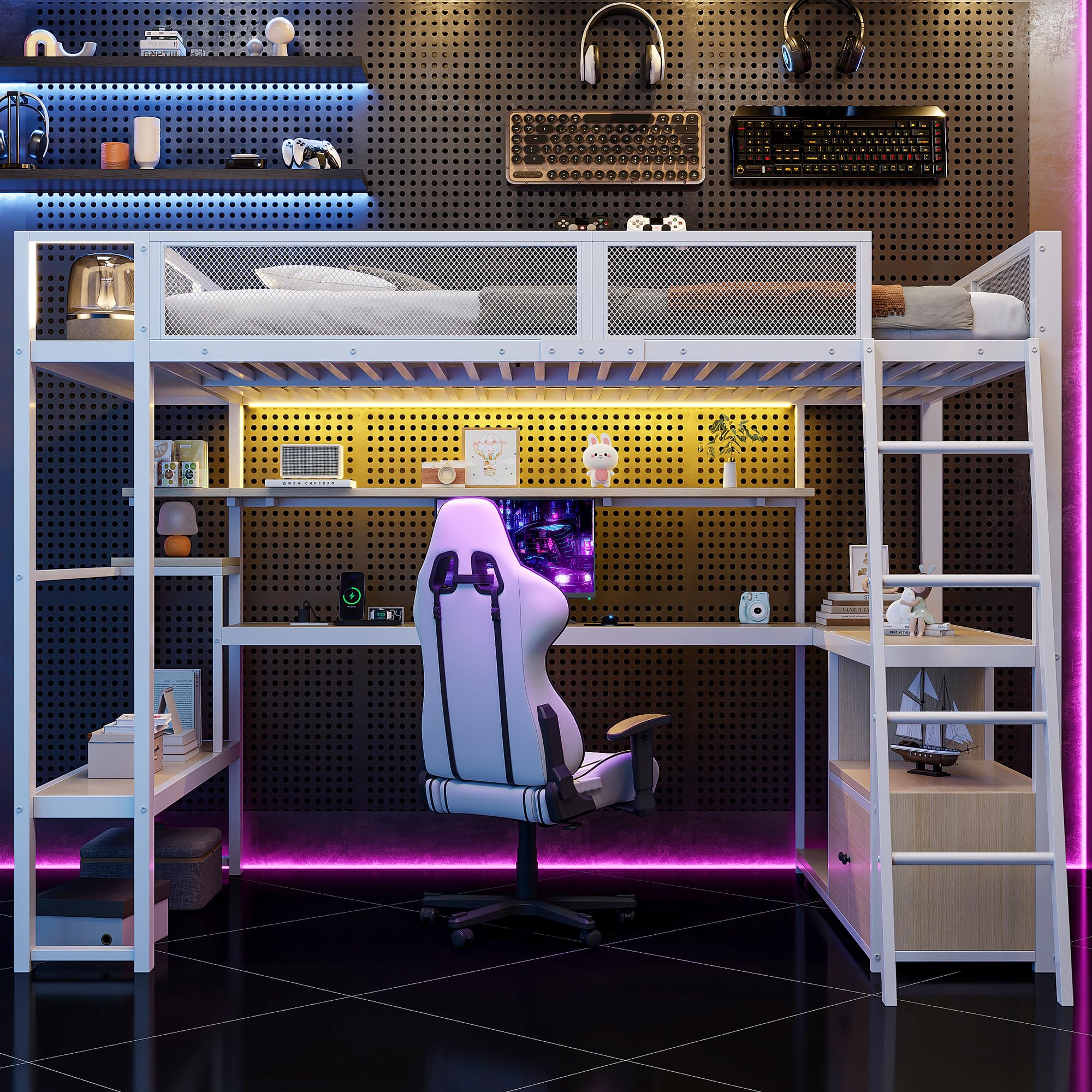 Letto a soppalco Gaming 140x200cm con spazio di lavoro integrato ,metallo letto a castello matrimoniale con illuminazione a LED e spazio di archiviazione,struttura letto140x200 per ado/ragazzi,Bianco