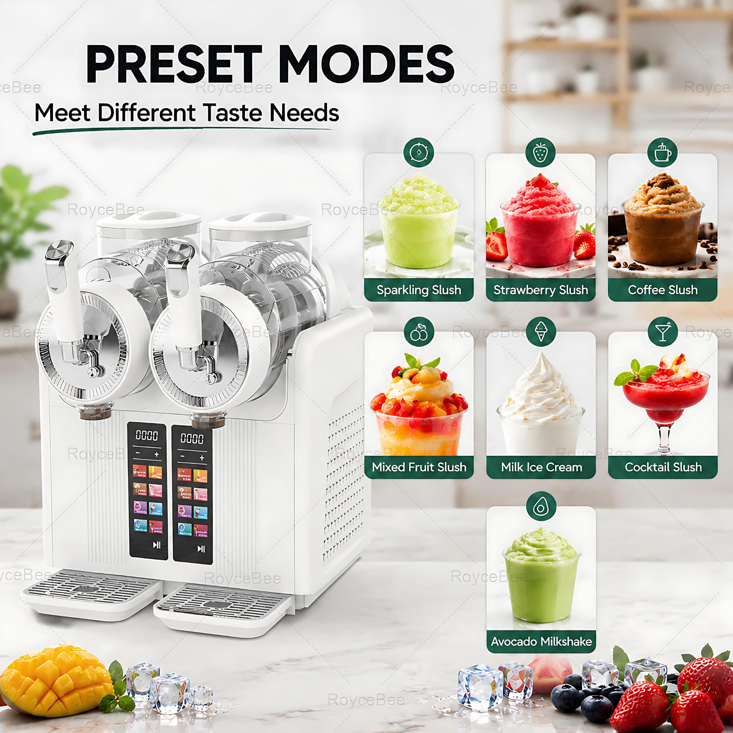 Máquina para Granizados Profesional, Máquina de Granizado con 2 Depósitos de 2L, 7 Programas Preestablecidos, Autolimpieza Automática, para Casa, Cafeterías, Bares y Restaurantes White