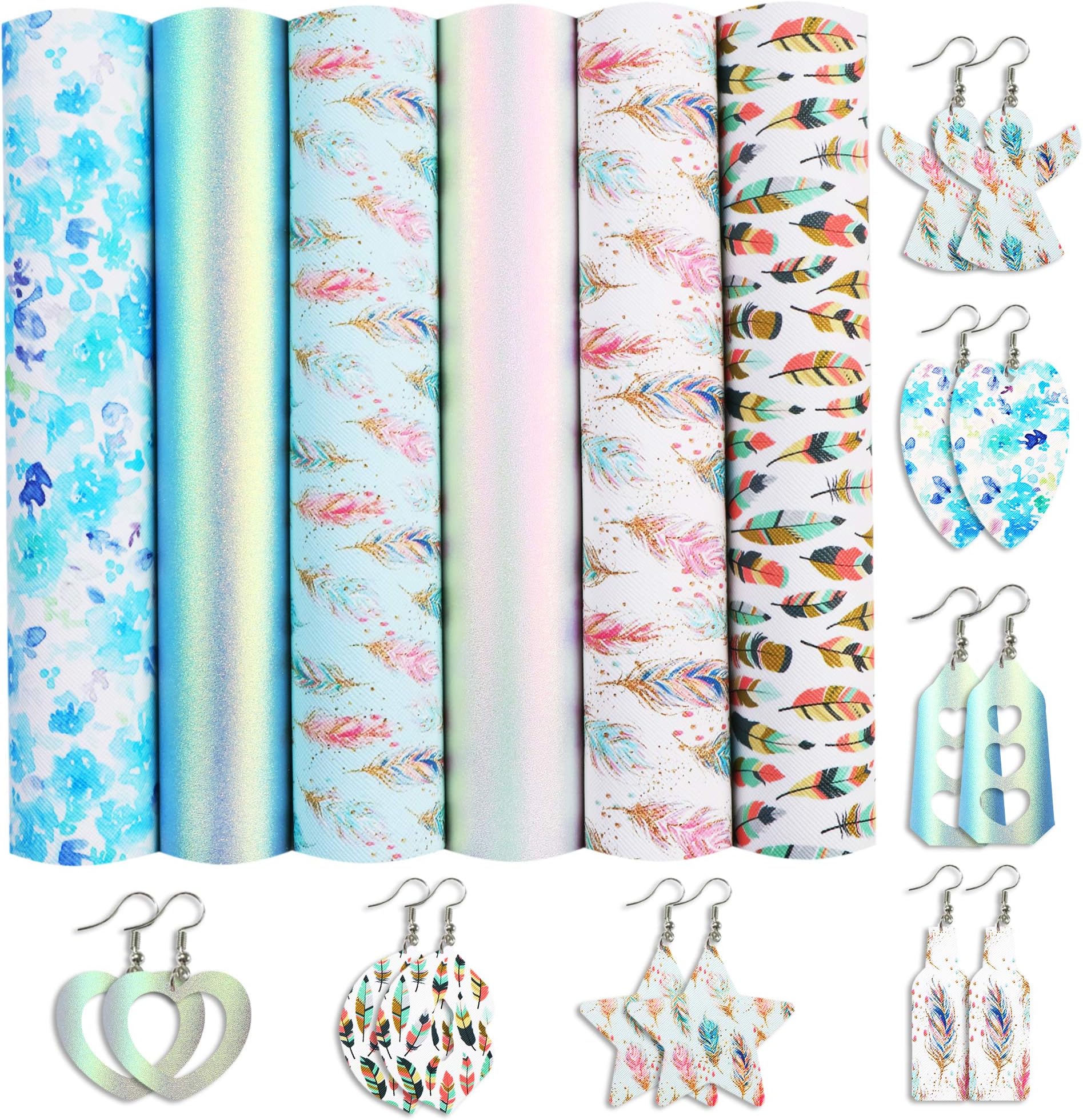David accessories6 Pcs 7.7" x 12.9" (20 cm x 33 cm) Printed Faux Leather Fabric Sheets Include 2 Kinds of Leather Fabric for DIY Bows Earrings Making Crafts (Feather Set)
