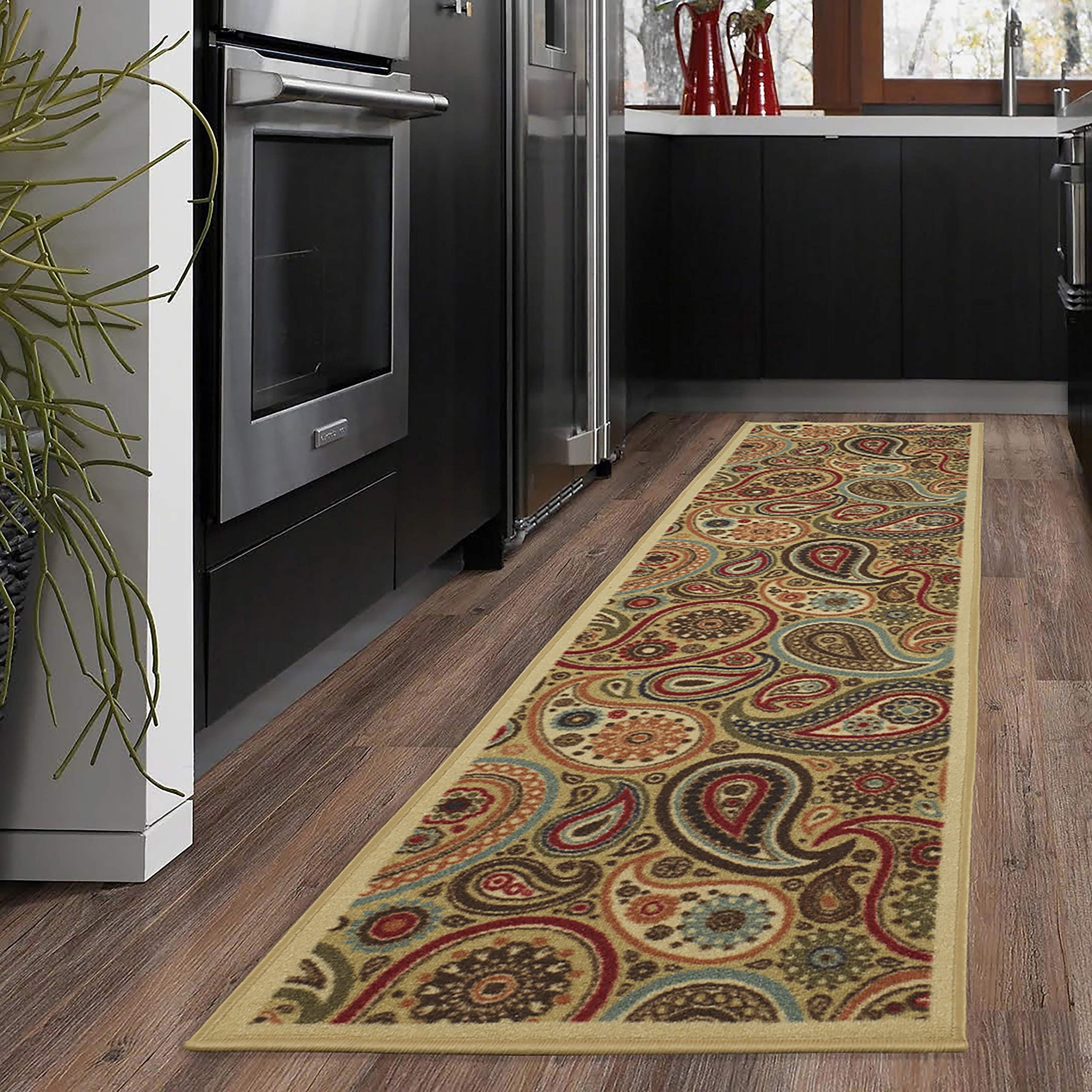 OttomansonOttohome Collection Beige Contemporary Paisley Design Modern Skid (Non-Slip) Rubber Backing (20"X59") Kitchen and Bathroom Runner Area Rug, 20" x 59", 8 Sq Ft