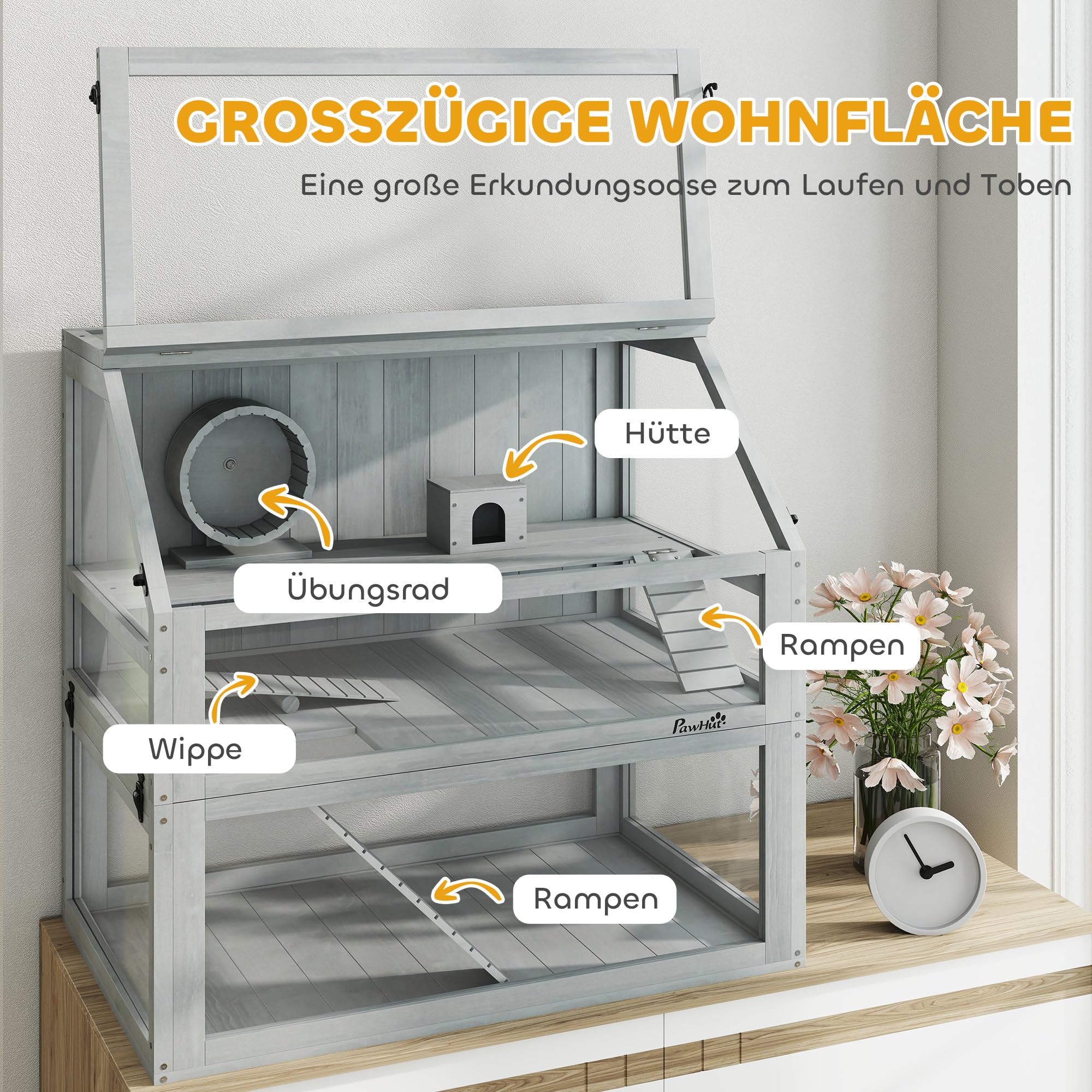 PawHut Hamsterkäfig aus Holz 3 Etagen 80 x 50 x 76 cm Nagerkäfig Kleintierkäfig mit Wippe Laufrad Hütte tiefem Untergeschoss Mäusekäfig für Zwerghamster Hellgrau