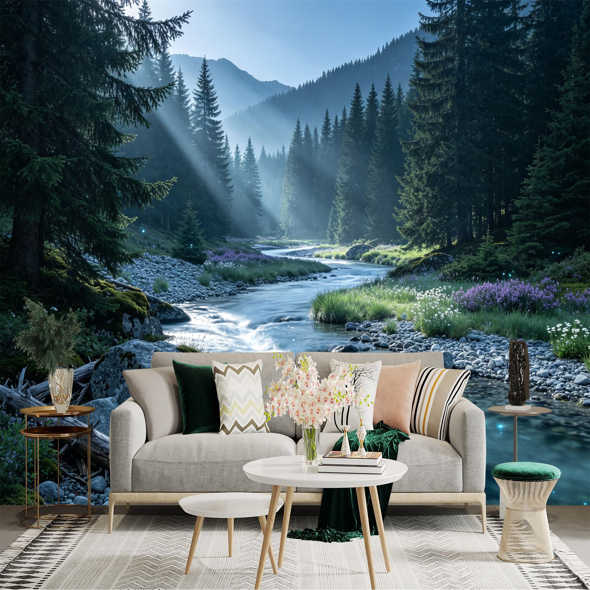 Lnzczhyre Bh260719476 Custom Size Wall Sticker Mural， Misty Morning Forest Stream， Sunlight Through Trees， Nature Landscape， Serene Riverbed， For Wall Decoration， Peelandstick Wall Decals.