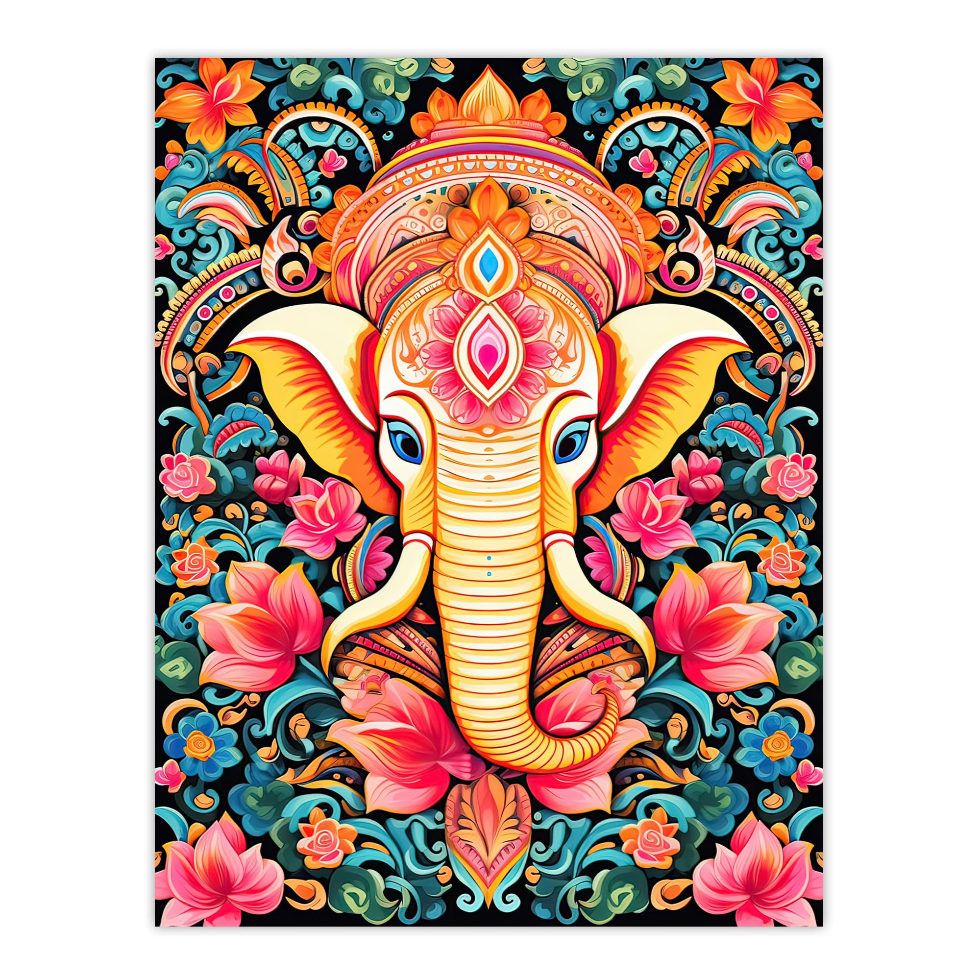 Artery8 Hindu Floral Pattern with Elephant Vibrant Painting Orange Pink Blue Ganesha Ornate Flower Design Large Wall Art Poster Print Thick Paper 18X24 Inch