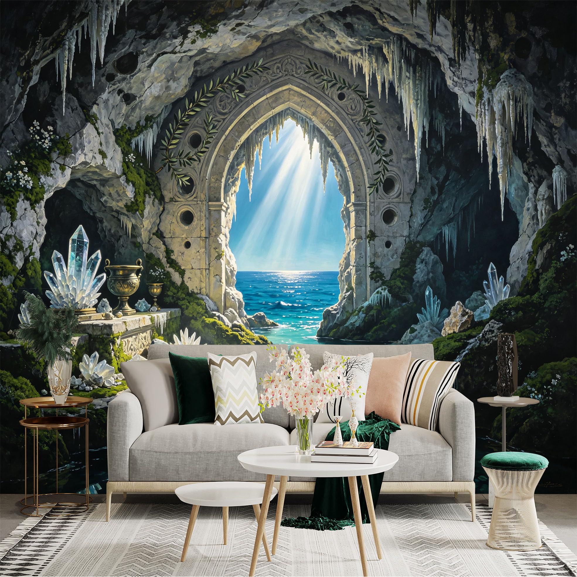 Custom Size Wall Sticker Mural， Fantasy Cave Archway with Crystal Lake and Sunlight， for wall Decoration， peelandstick wall Decals.