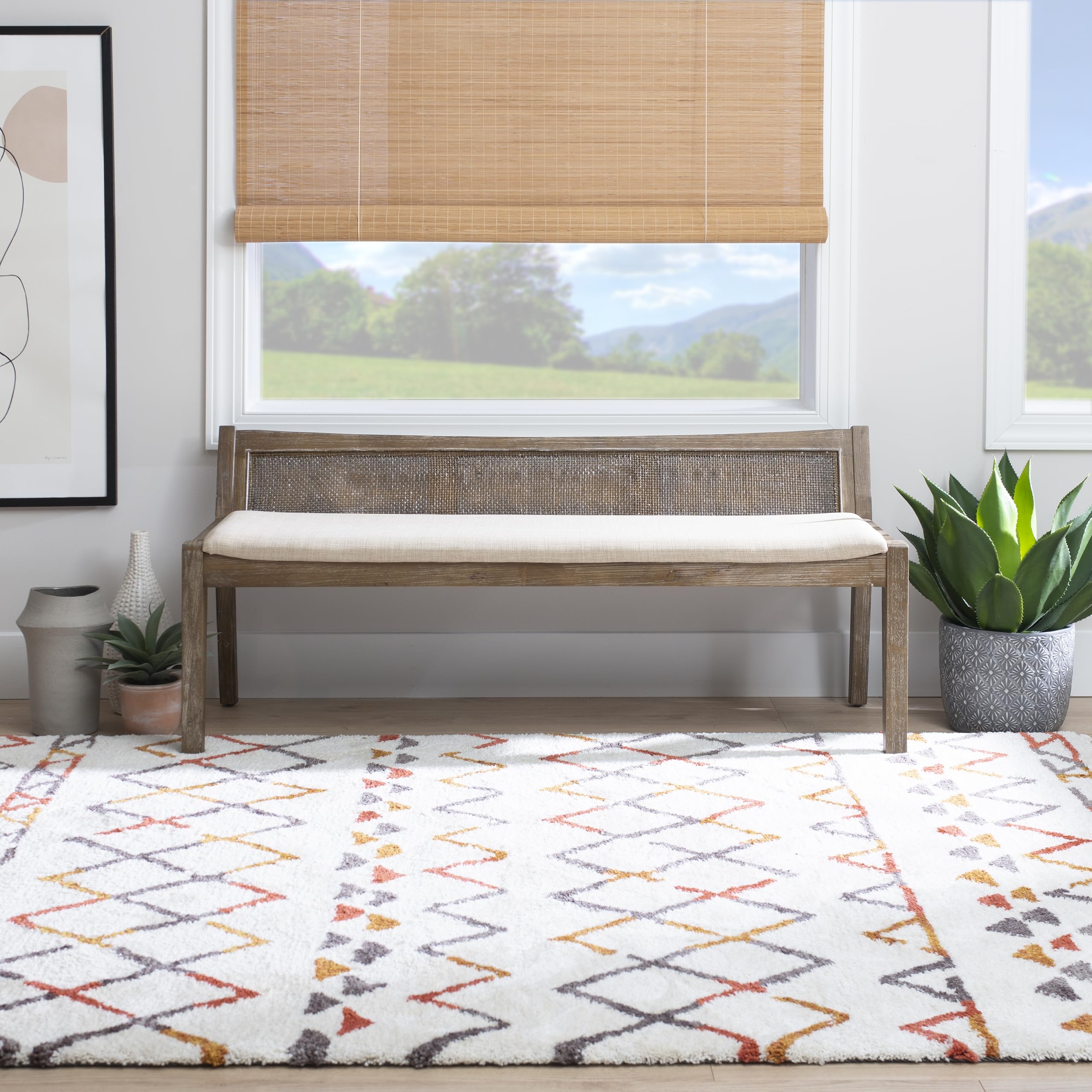 Powell Kasi Brown Low Back Cane Bench with Beige Upholstered Seat