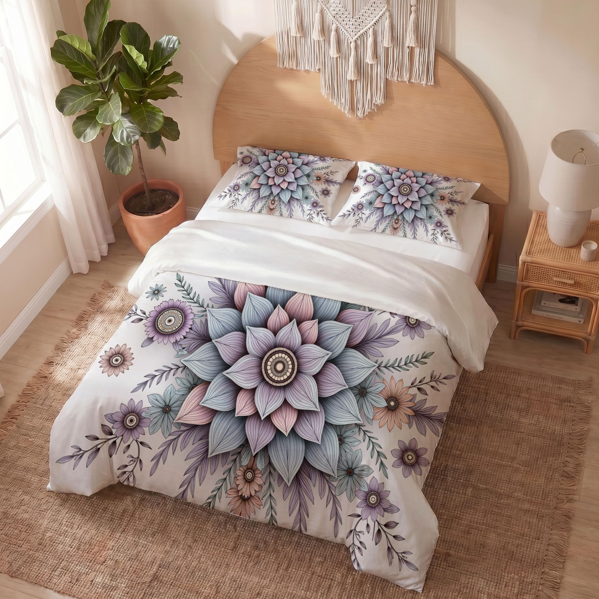 Housse de couette 200x200 mandala violette avec 2 taies d'oreiller en microfibre pour lit 2 personnes