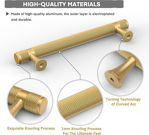 Miniatura 2 de Tirador de manija de gabinete de barra con acabado dorado satinado cepillado de latón con moleteado de 6 pulgadas (centro de agujero de 5 pulgadas)