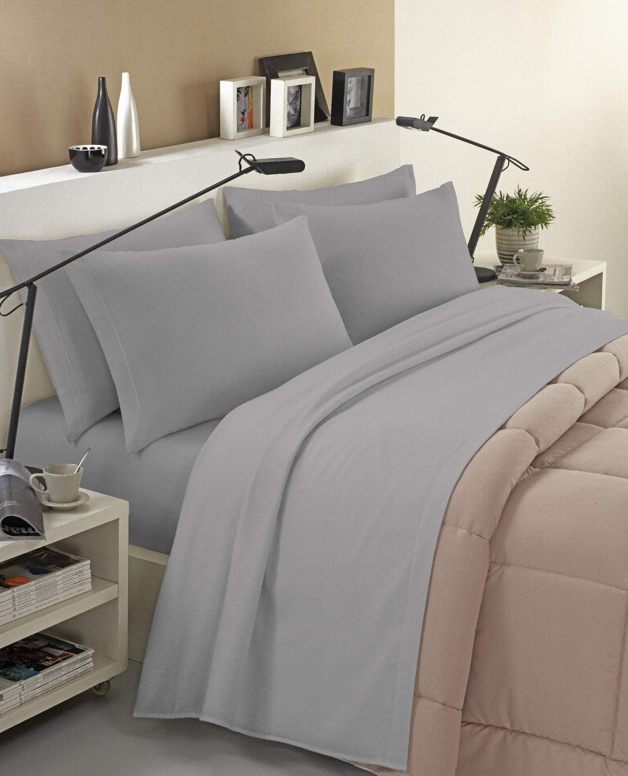 Banzaii Juego de Sábanas y Funda de Almohada de Franela 100% Algodón 180x200 cm Gris Claro