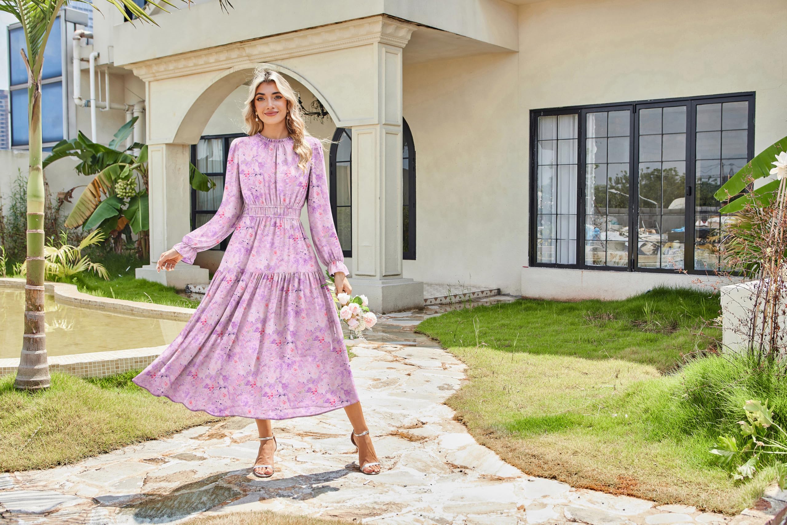 GRACE KARIN Kleid Damen Sommer Langarm A Linien Blumen Chiffon Maxikleid | Hochzeitsgast Kleid Elegante Rundhals Ausschnitt Festlich Party Cocktail Abendkleid Lang