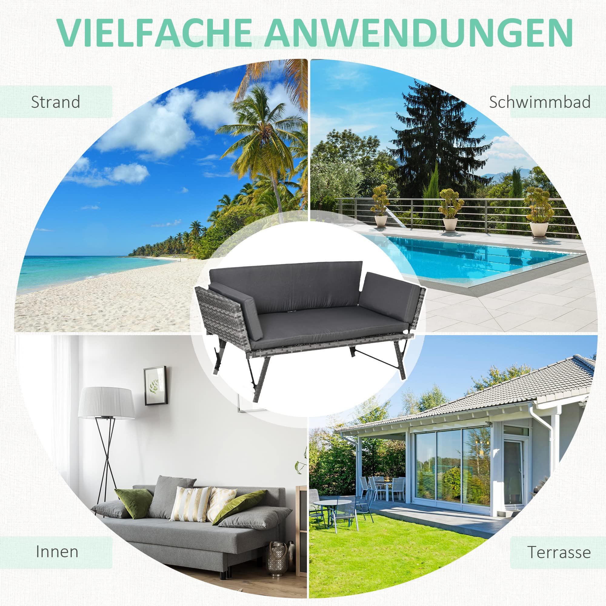 Outsunny 2-osobowa sofa ogrodowa z technorattanu, meble ogrodowe, sofa wypoczynkowa, ławka ogrodowa,leżak ogrodowy, składane podłokietniki, stal, szara, 129 x 66 x 67 cm | Meble ogrodowe, sofa wypoczynkowa, ławka ogrodowa, leżanka ogrodowa, podłokietniki,