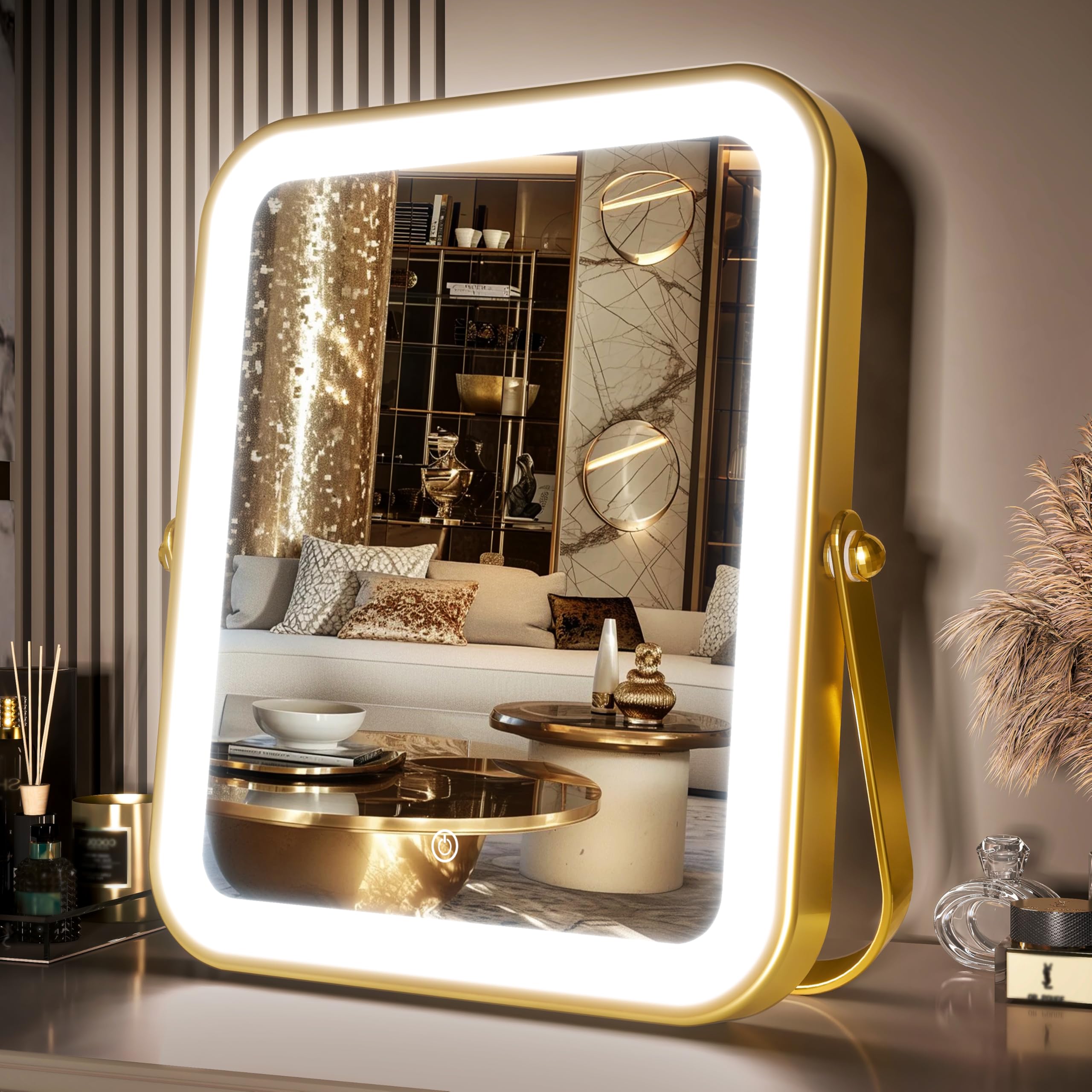 PRIMETEK Vanity Mirror with Lights, 10"x8" LED Lighted Makeup Mirror, Portable Makeup Mirror with Lights, Touch Screen, 3-Color Lighting, 5X Magnification, for Vanity Desk Tabletop, Bedroom,