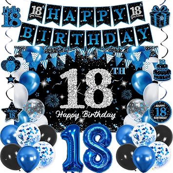 Vlipoeasn Blue Silver 18th Birthday Decorations for Girls Boys, Happy 18th Birthday Party Kit with Backdrop Banner, Number 18 Balloon, 18 Year Old Party Supplies
