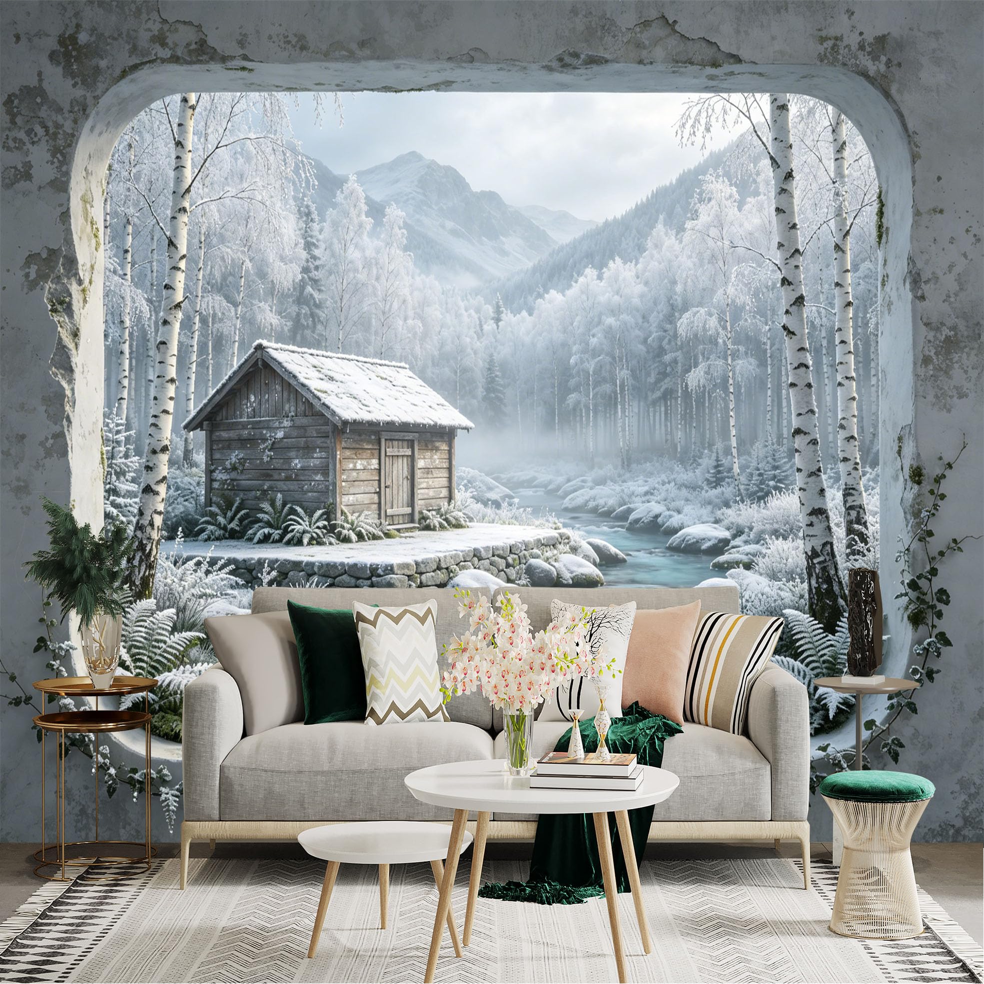Custom Size Wall Sticker Mural， Winter Cabin by River with Snowy Forest and Mountains， for wall Decoration， peelandstick wall Decals.