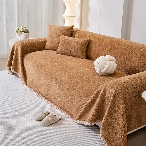 Miniatura 8 de Funda de sofá de forro polar Sherpa para sofá de 2 cojines, marrón, 71 x 118 pulgadas, funda de sofá a prueba de mascotas, resistente, resistente a