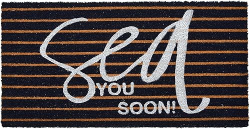 Creative Co-Op Tapete de entrada de coco Sea You Soon con forro antideslizante para decoración náutica o costera del hogar, diseño de rayas marrones