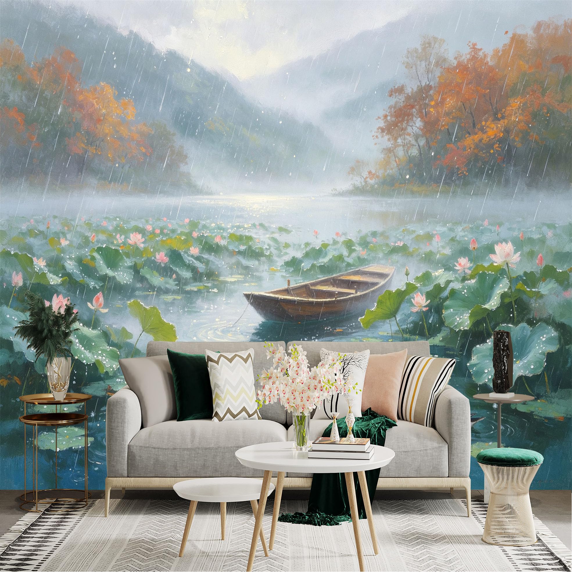 Custom Size Wall Sticker Mural， Rainy Lake with Floating Boat， Blooming Water Lilies and Ducks in Misty Mountains， for wall Decoration， peelandstick wall Decals.