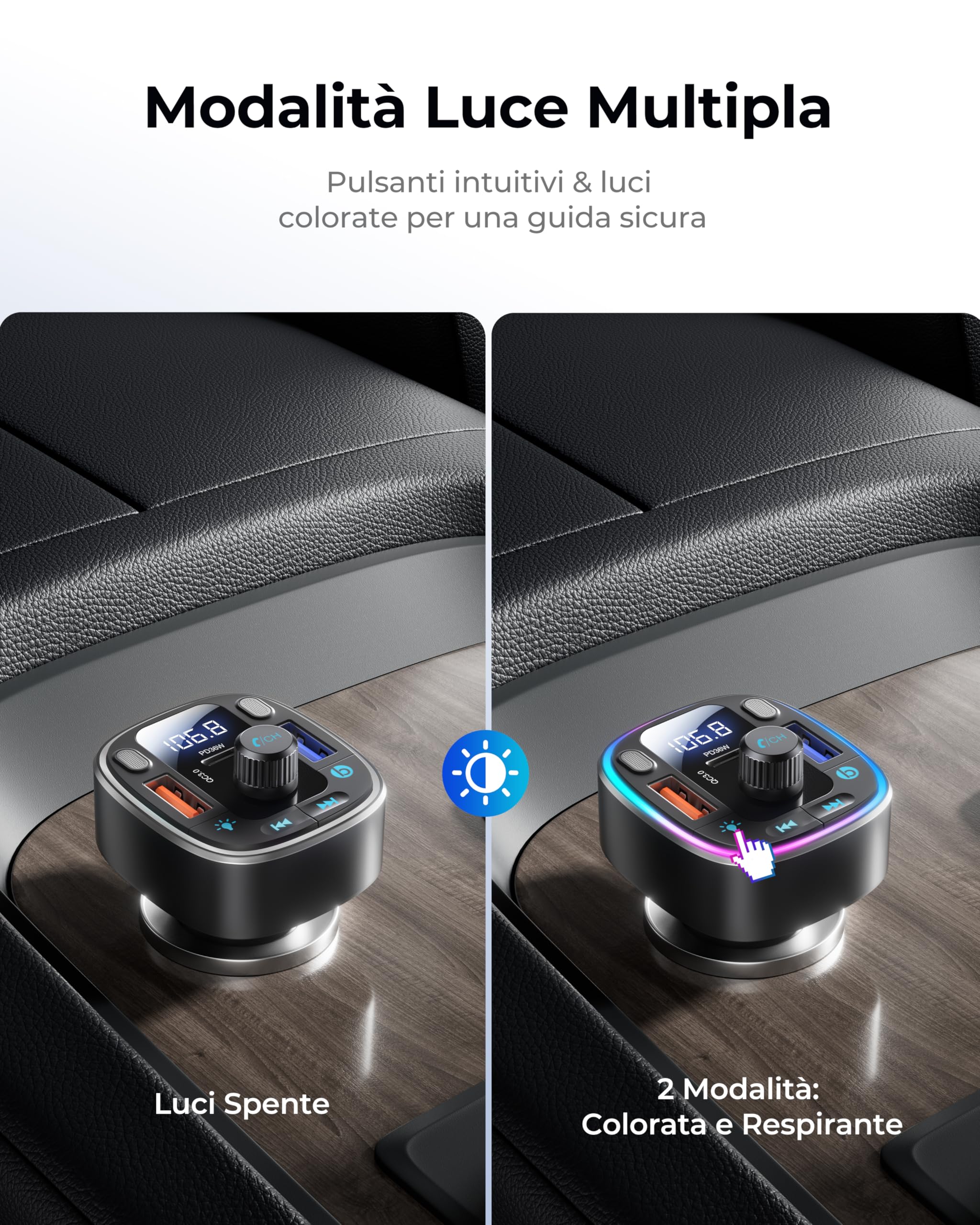 LENCENT Trasmettitore FM Bluetooth 5.4, Accendisigari Auto Radio, 54W USB Ricarica Rapida (PD 36W & QC3.0), Bluetooth FM Musica, Chiamate Vivavoce, Doppio Microfono e Chiavetta USB