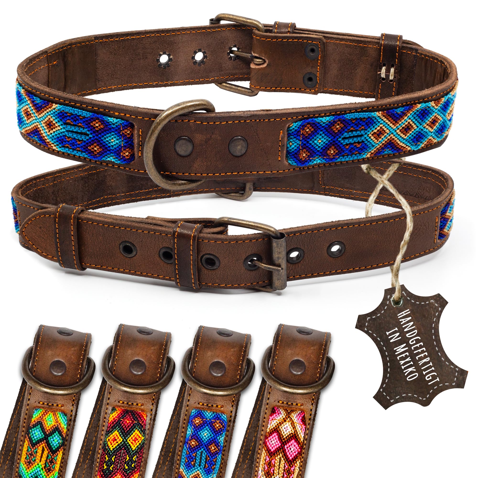 Collare in pelle per cani – Doppio Tribale ricamato blu marrone – Collare per cani di alta qualità – fatto a mano in Messico – Taglia XL