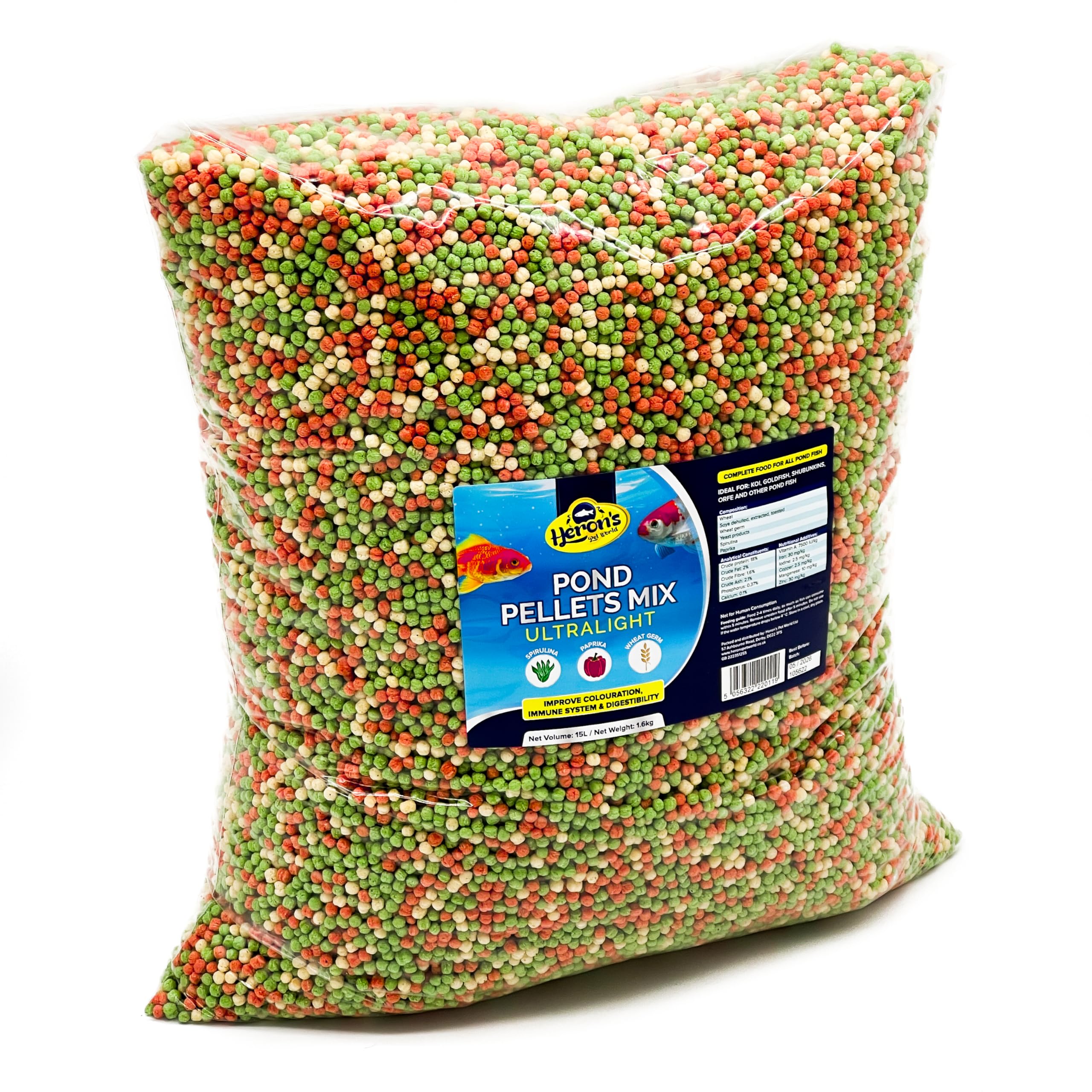 HERONS - Pond Pellets Mix Ultralight 15L - Floating Pellets for Koi, Carp and Coldwater Fish - Immune System Boost - With Spirulina and Paprika - Complete Feed for Pond Fish - 1.6 KG