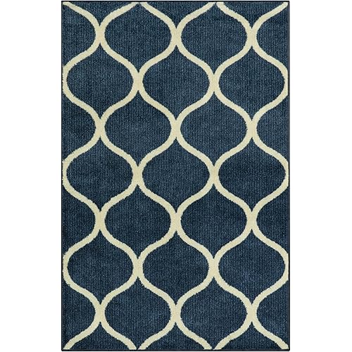 Maples Rugs Rebecca Contemporary Kitchen Rugs Non Skid Accent Area Carpet [Made in USA], 2'6 x 3'10, Navy Blue/White