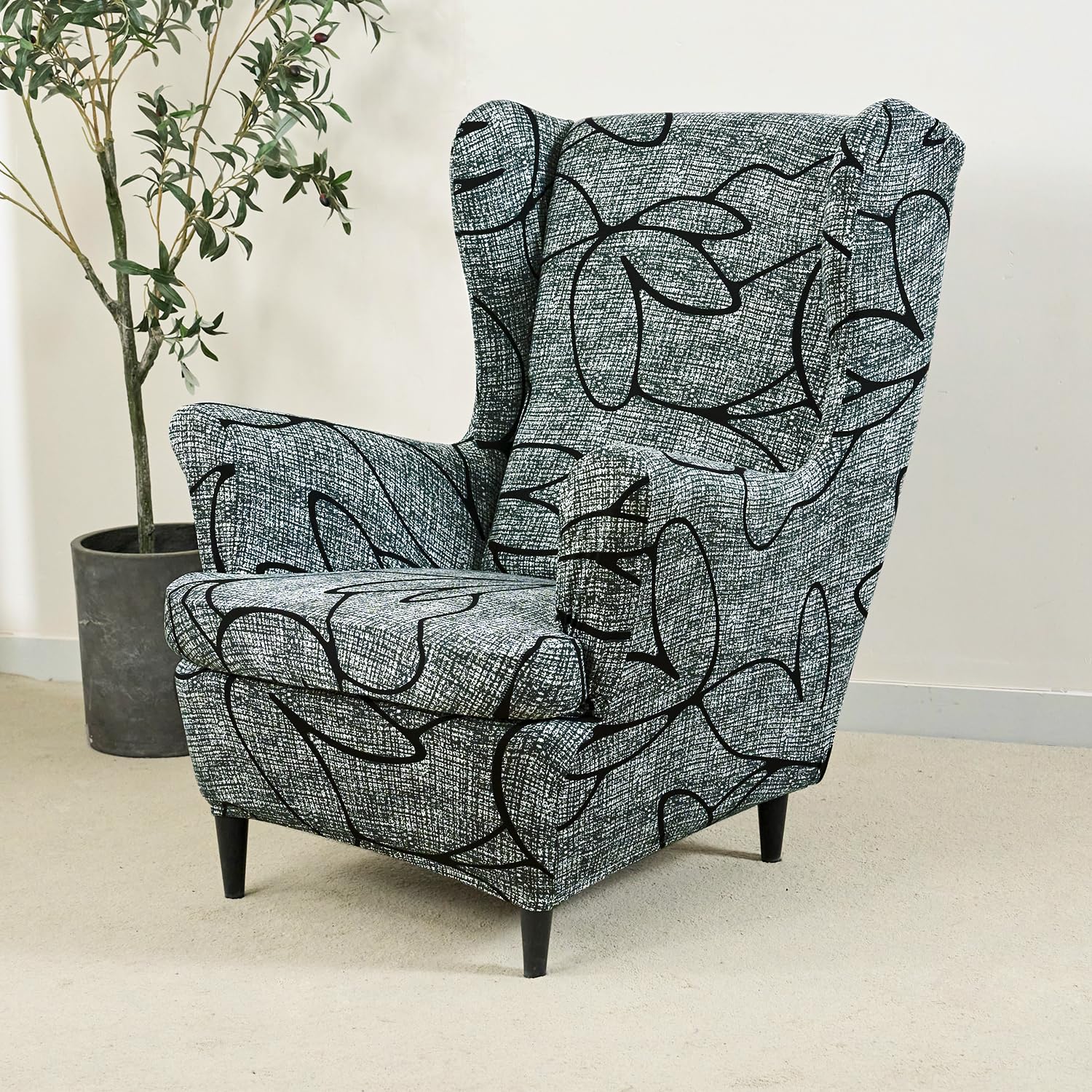 HOKIPO Polyester Blend 140gsm Stretchable Wing Chair Cover, Intense Grey Abstract Floral (AR-4991-C2)-picture-47