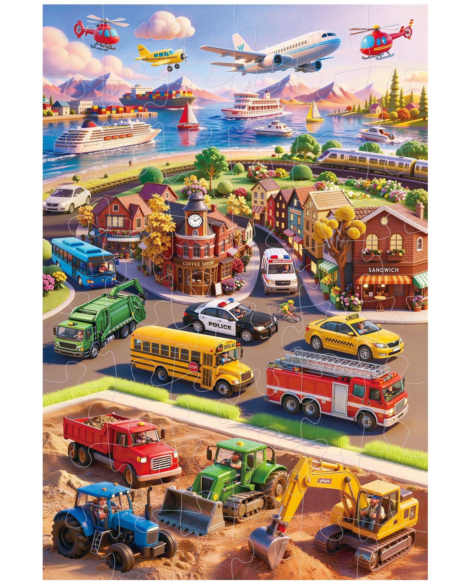 BenBen Floor Puzzles for Kids Ages 4–6, 2 x 3 Feet Transportation Puzzle | Extra-Thick 48 Large Pieces Vehicle-Themed Jigsaw Puzzle for Toddlers 3-5, Preschool Educational Toy Gift for Boys Girls