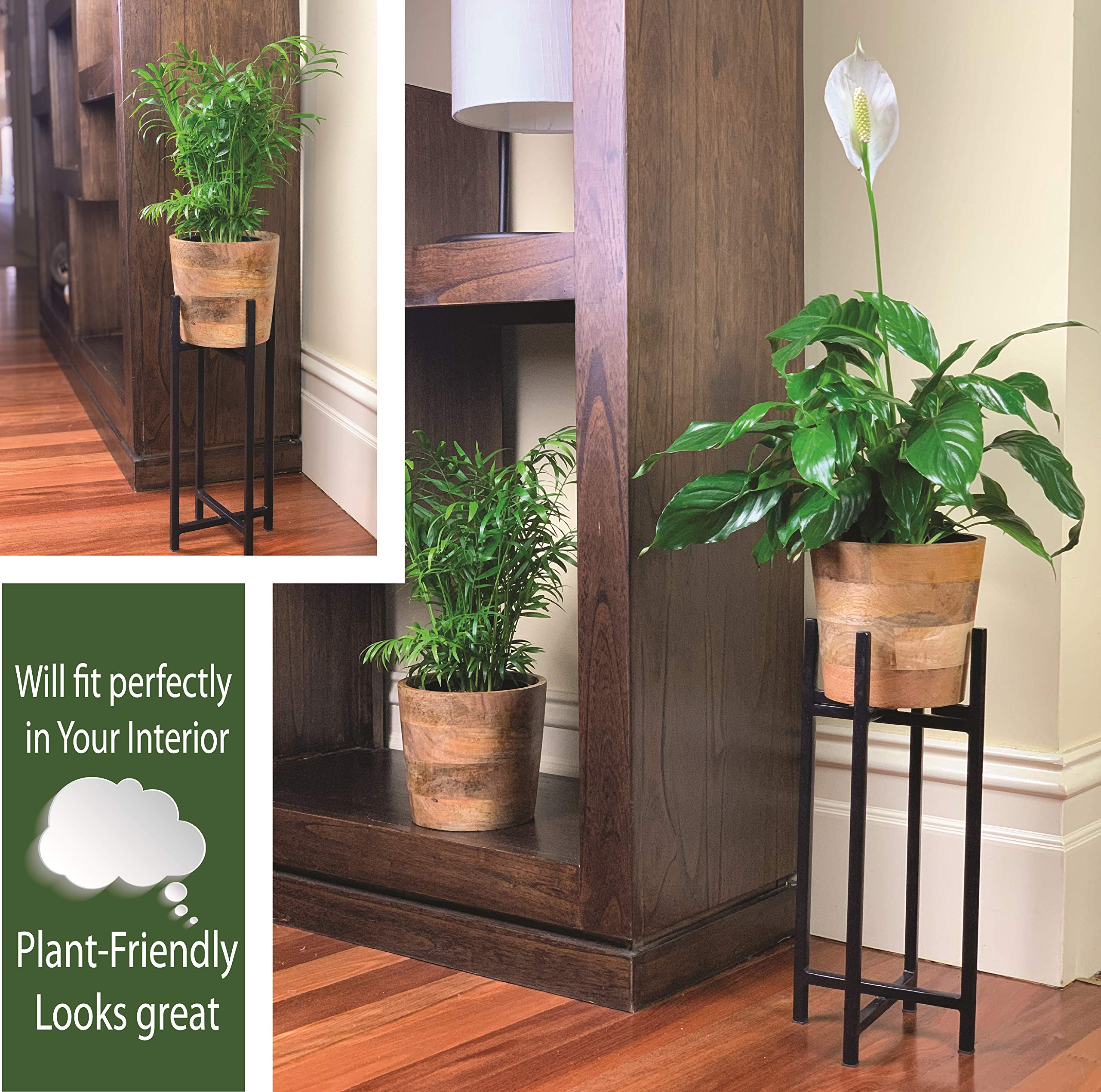 Bright Dezigns Mango Wood Plant Pot and Black Metal Mid Century Plant Stand. 7 inch Modern