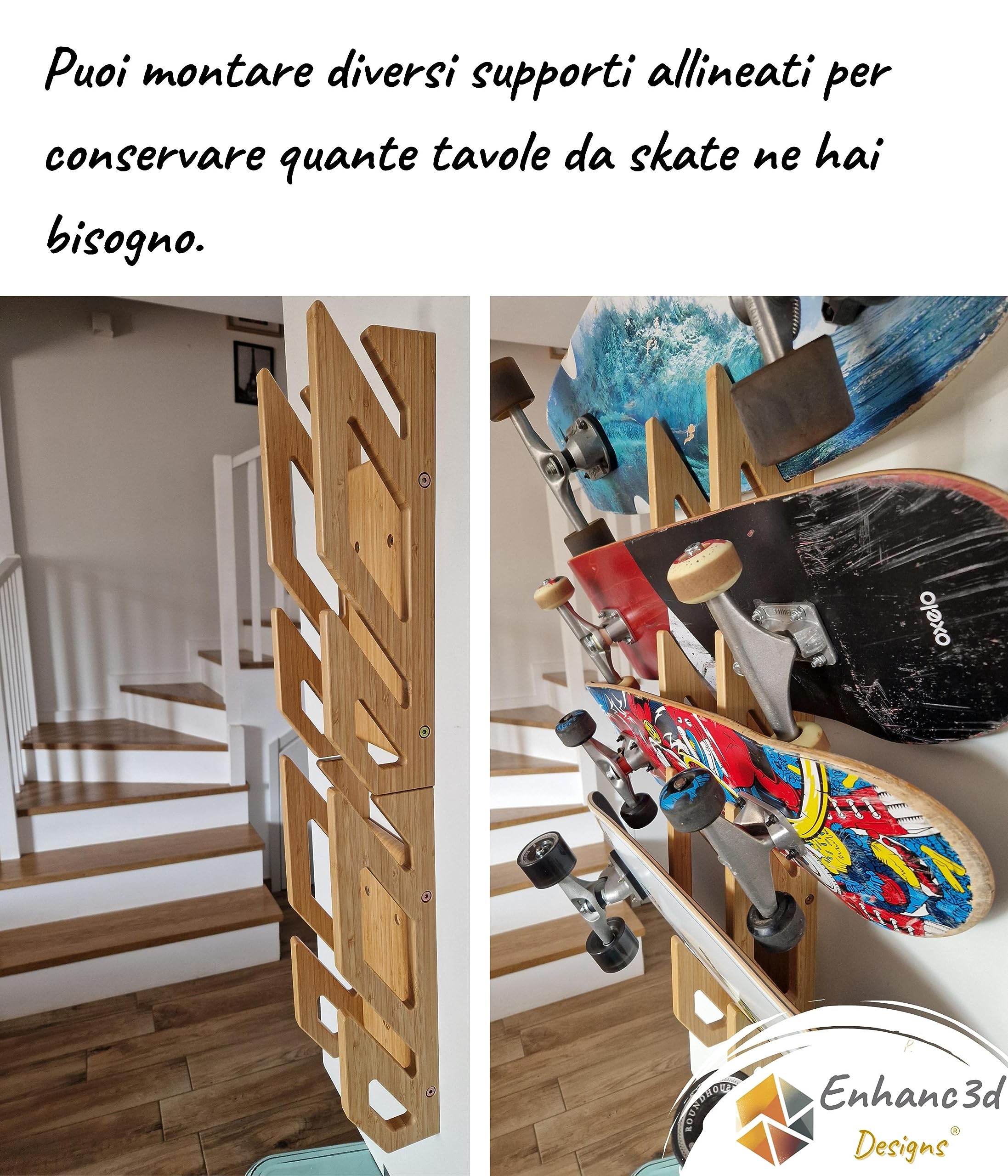 Supporto da Parete in bambù per 2 Skateboard - Design Moderno e Robusto - Appendi Skate da Parete - Supporto da Parete per Longboard - Progettato in Europa.
