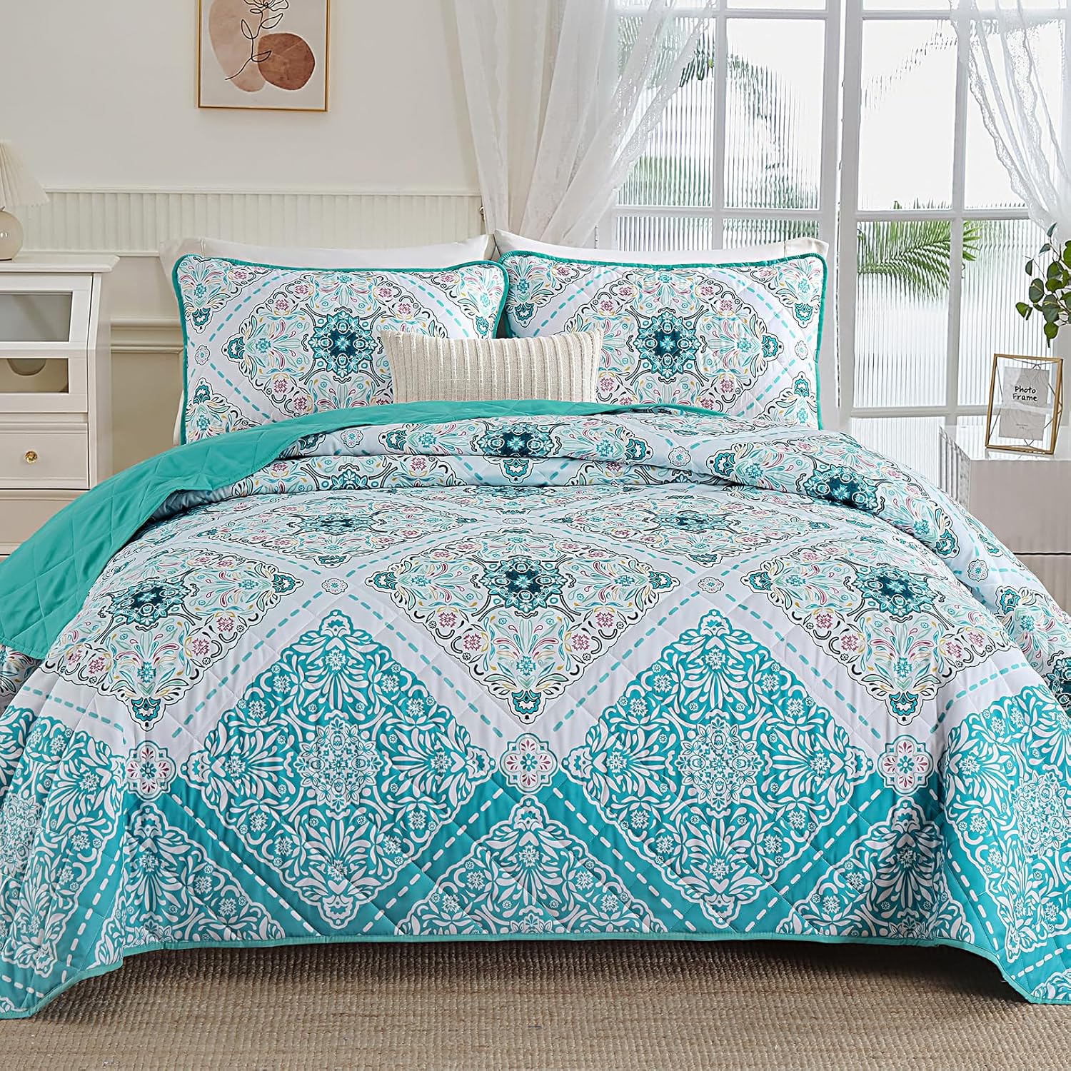 Xruibed Boho Quilt Set Queen Size, Blue Bohemian Quilt, 3