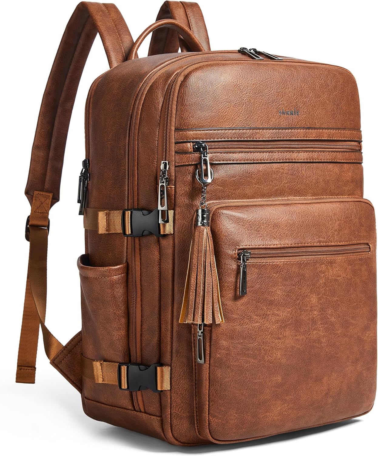 Shrrie Laptop Backpack for Women,Vegan Leather Backpack Work Computer Backpacks fits 16" Laptop,Water Resistant Teacher Nurse Casual Daypack for Weekender Camping Travel,Two-toned Brown