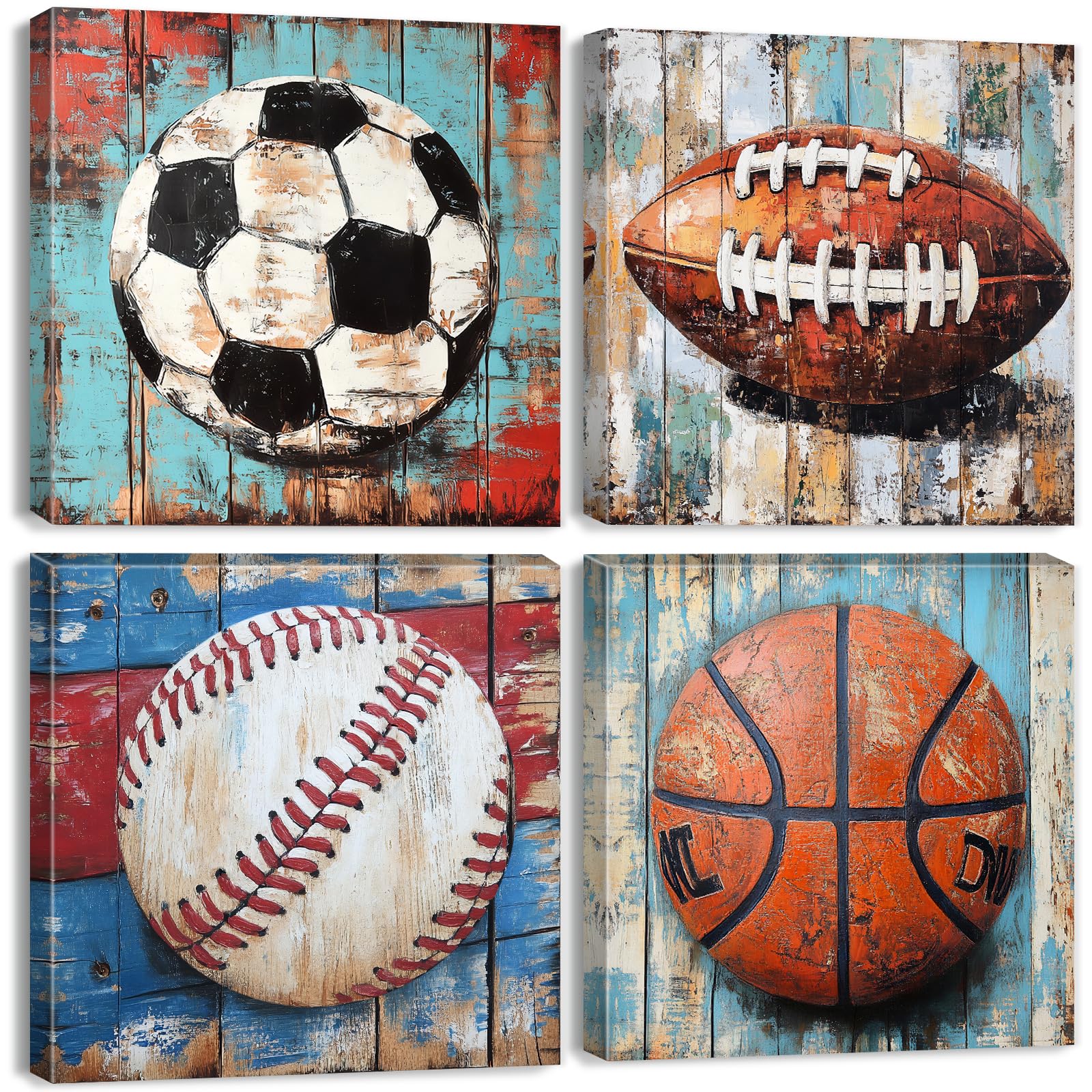 Sports Wall Decor Kids Playroom Art Soccer Basketball Football Baseball Pictures for Nursery Boys Bedroom Vintage Canvas Prints Colorful Sports Posters Balls Artwork Bathroom Home Decoration 12x12' 4P