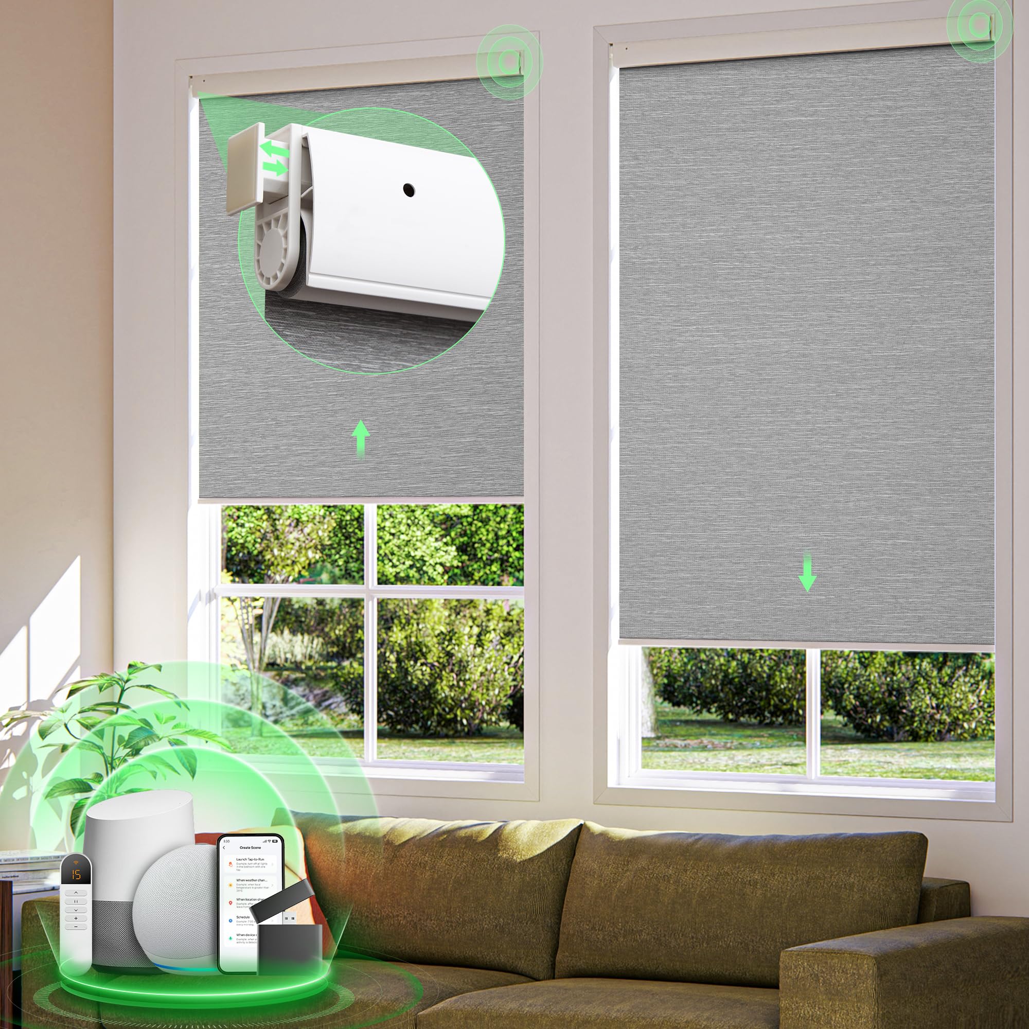MUSCLEAREA Motorized Blinds with Remote,Upgraded to【No Drill Smart Blinds】 Grasscloth Fabric,Automatic Blinds,Cordless Roller Shades,Electric Blinds for Windows,Work with Alexa/Google,Gray 31" Wx72H